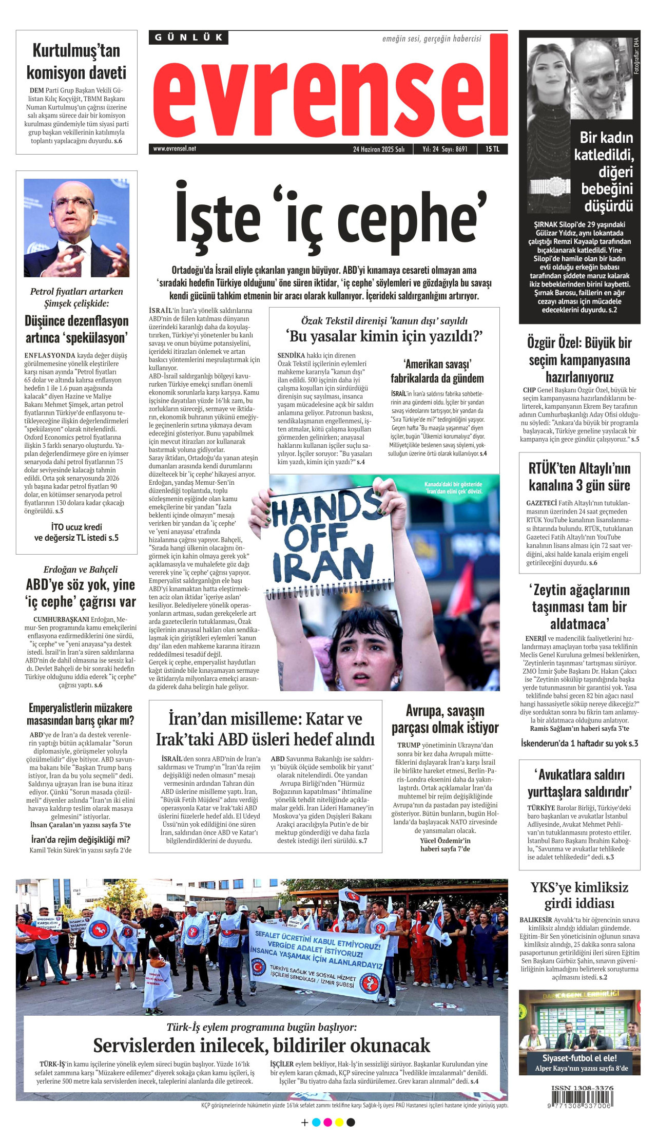 EVRENSEL gazetesinin 24 Haziran 2025 tarihli birinci sayfası