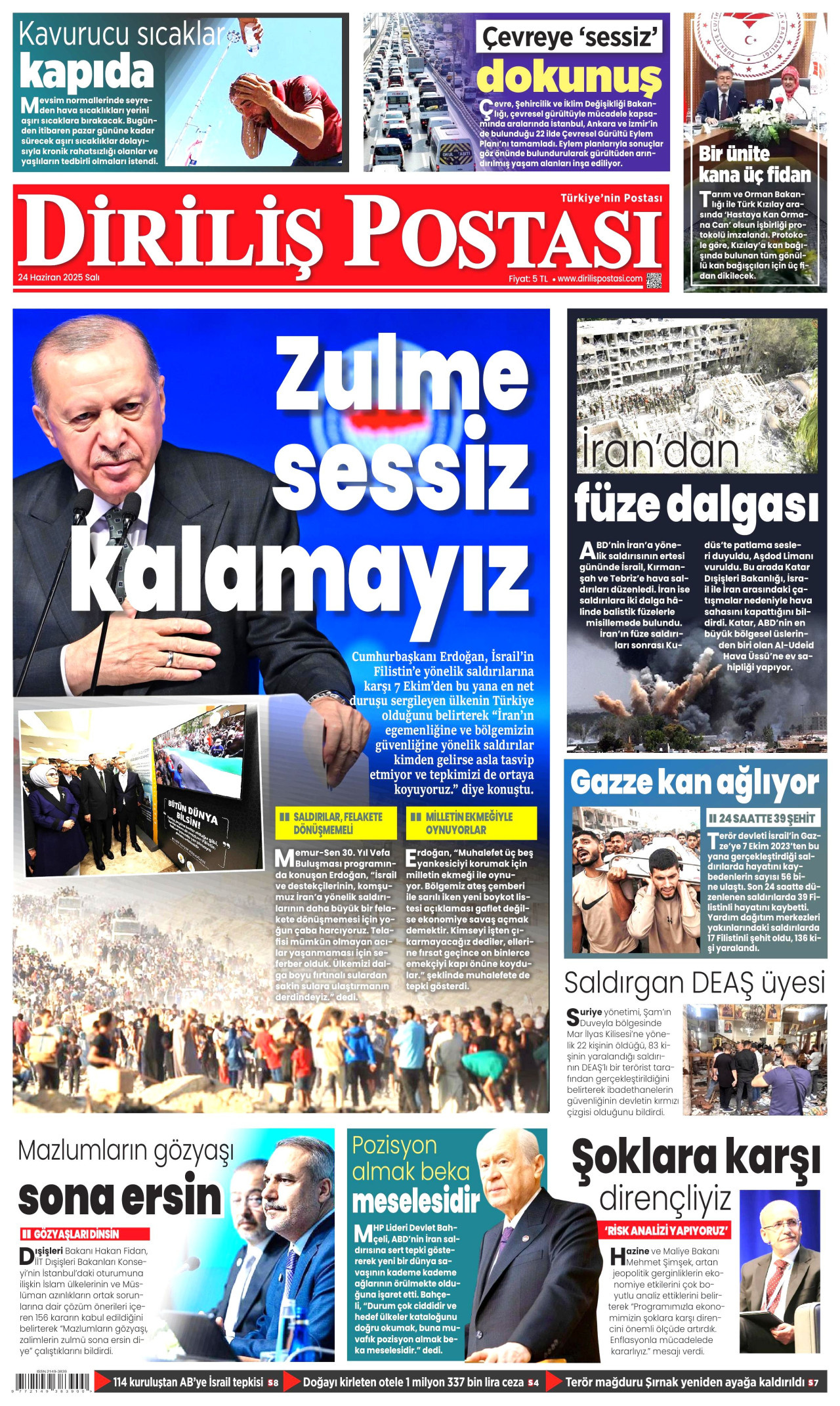 DİRİLİŞ POSTASI gazetesinin 24 Haziran 2025 tarihli birinci sayfası