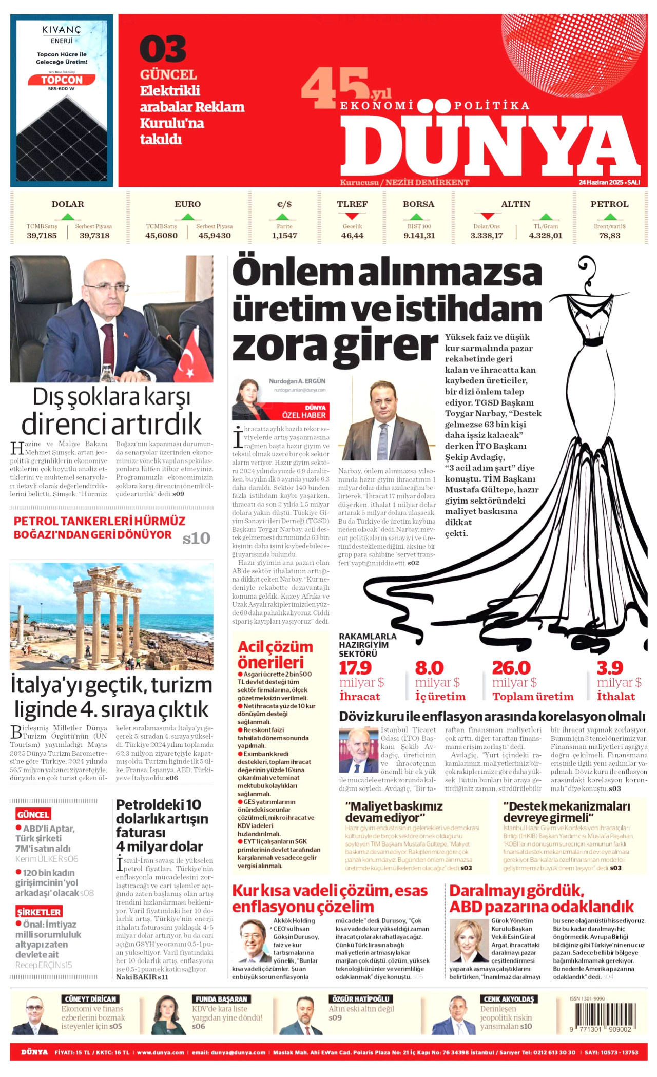 DÜNYA gazetesinin 24 Haziran 2025 tarihli birinci sayfası