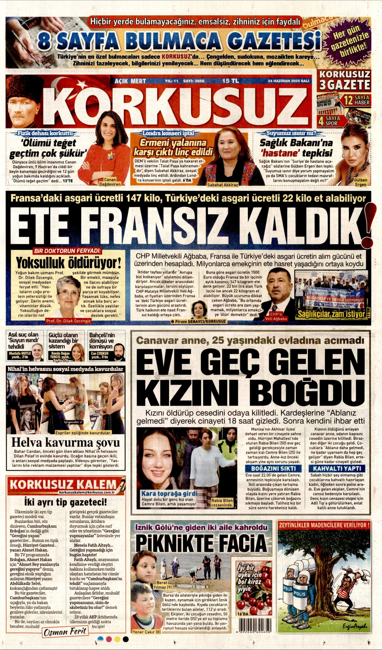 KORKUSUZ gazetesinin 24 Haziran 2025 tarihli birinci sayfası