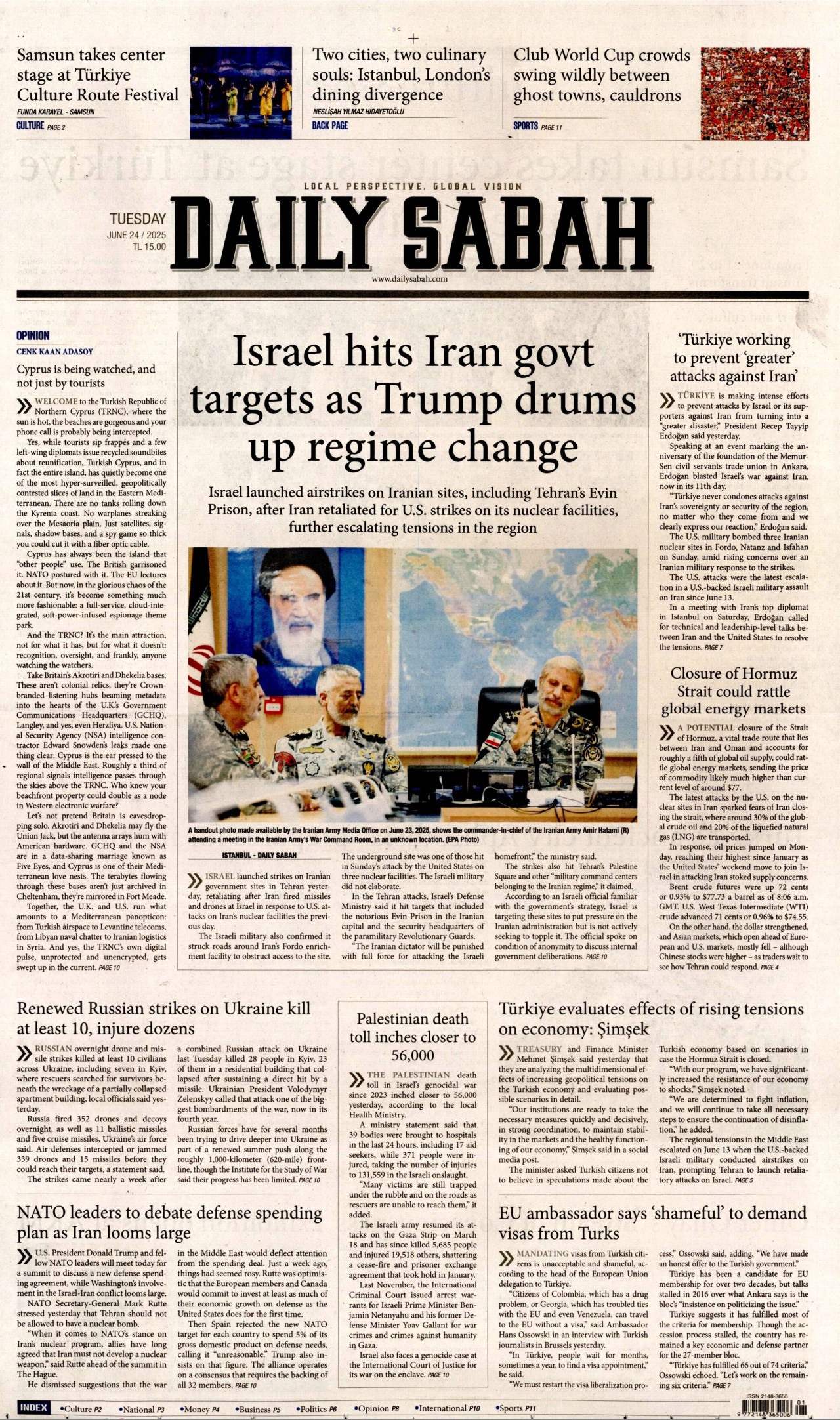 DAİLY SABAH gazetesinin 24 Haziran 2025 tarihli birinci sayfası