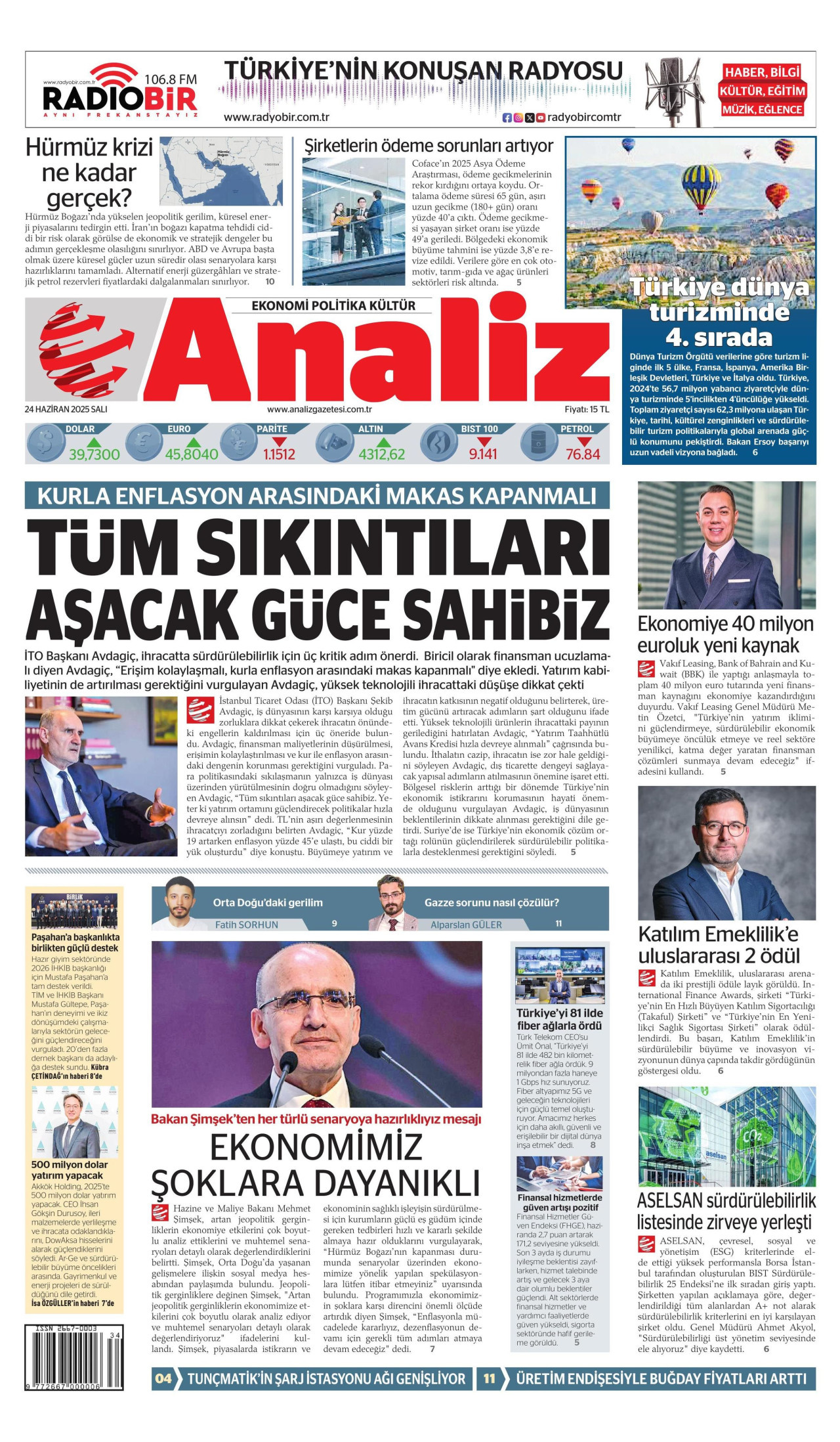 ANALİZ gazetesinin 24 Haziran 2025 tarihli birinci sayfası
