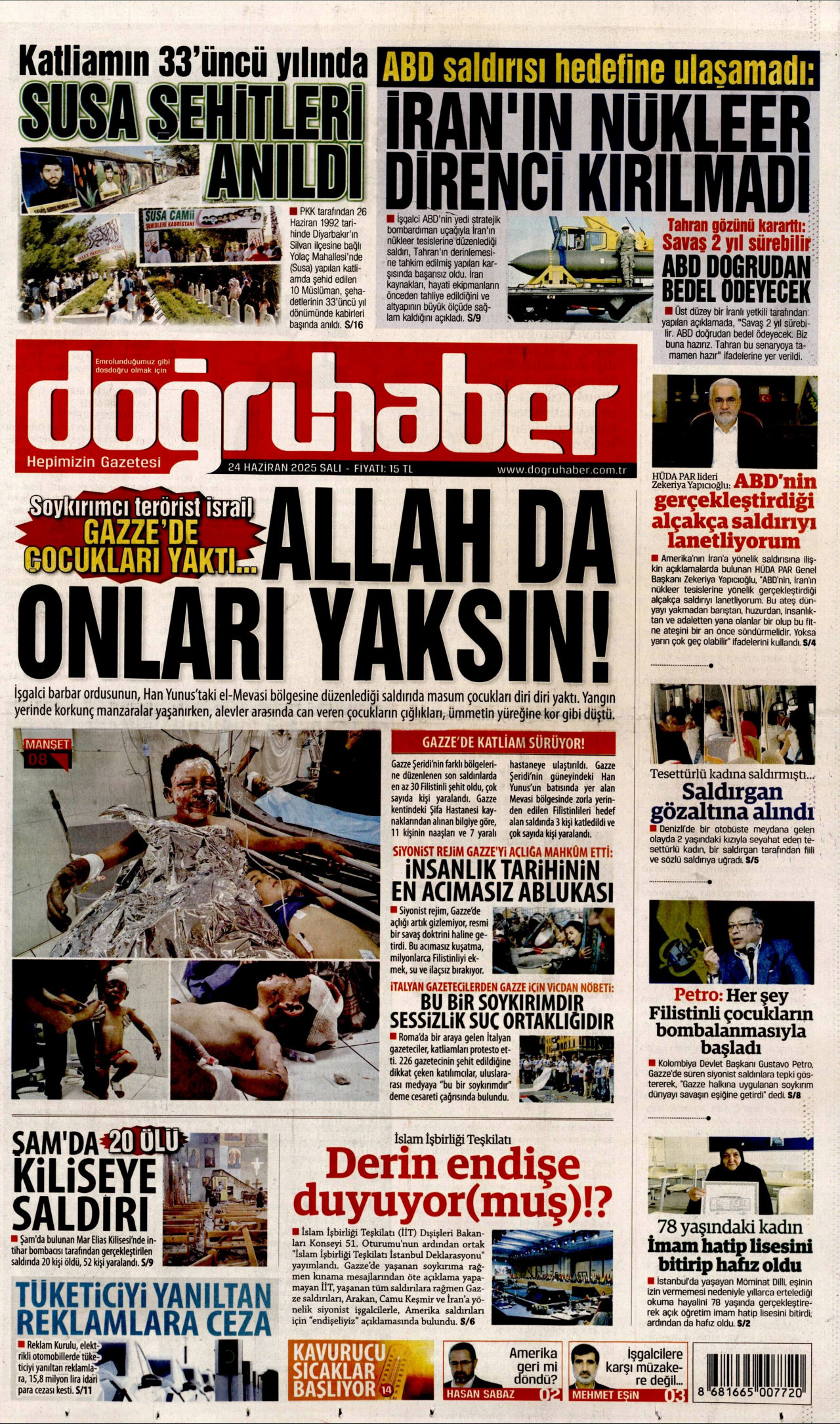 DOĞRU HABER gazetesinin 24 Haziran 2025 tarihli birinci sayfası
