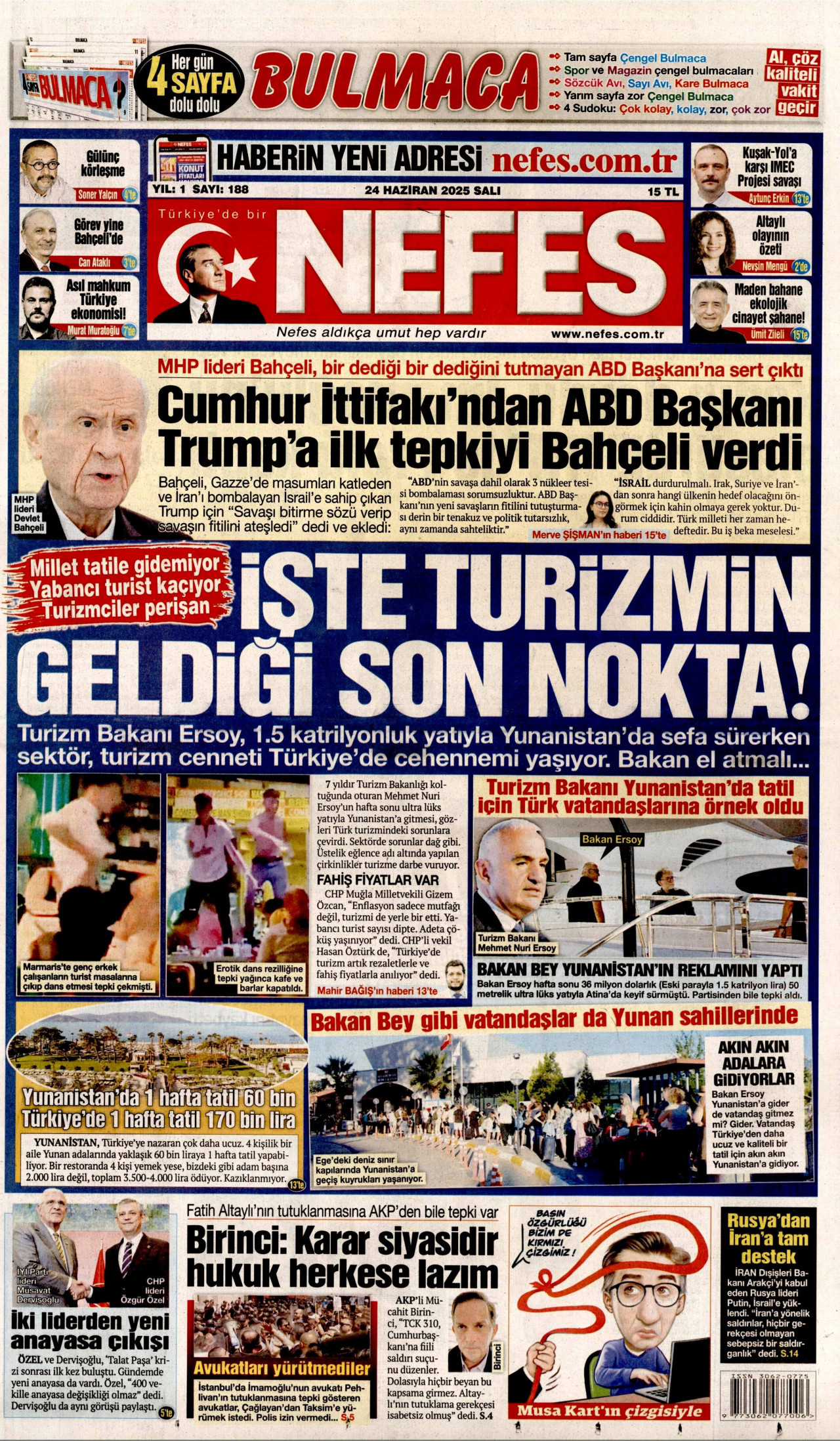 NEFES gazetesinin 24 Haziran 2025 tarihli birinci sayfası
