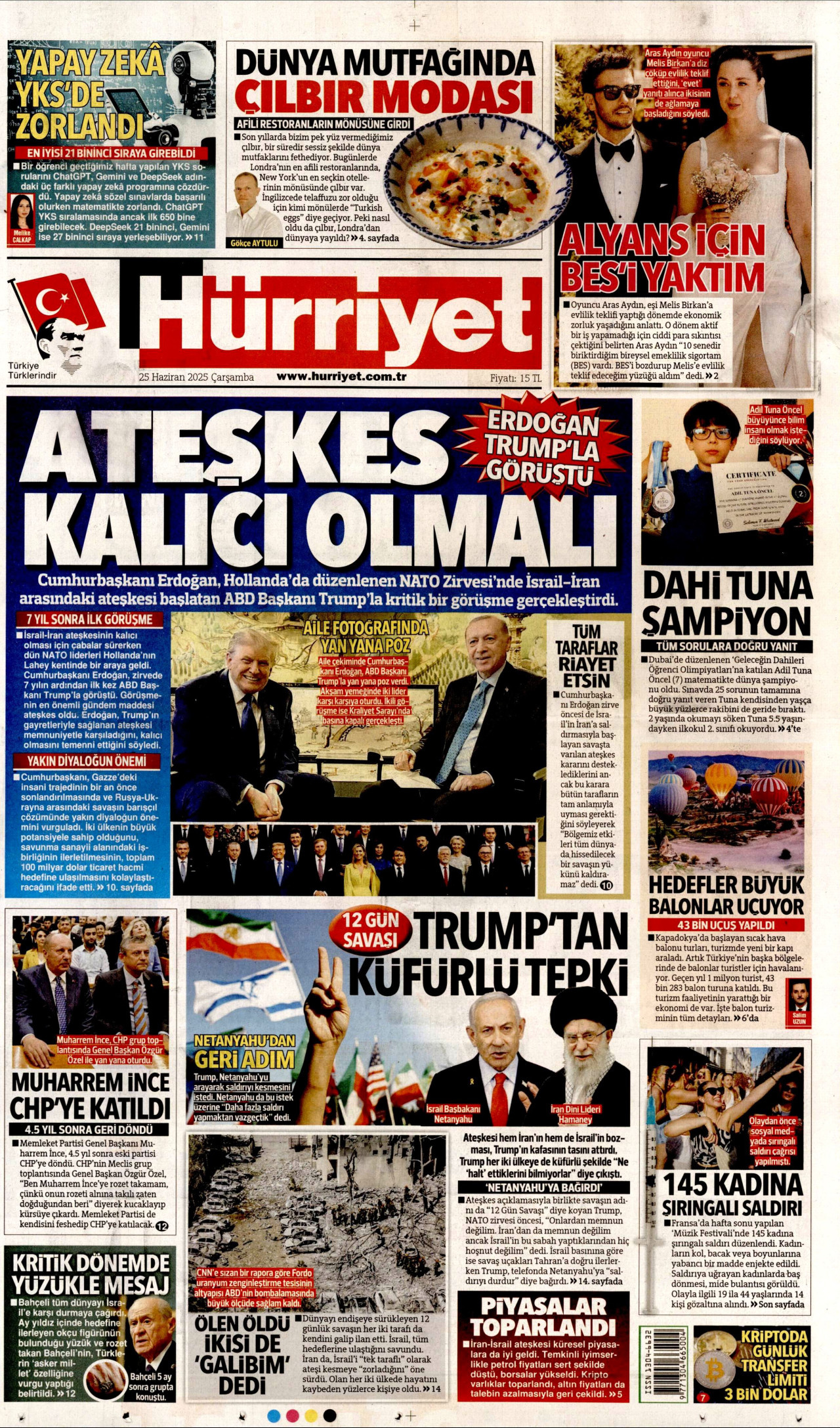 HÜRRİYET gazetesinin 25 Haziran 2025 tarihli birinci sayfası