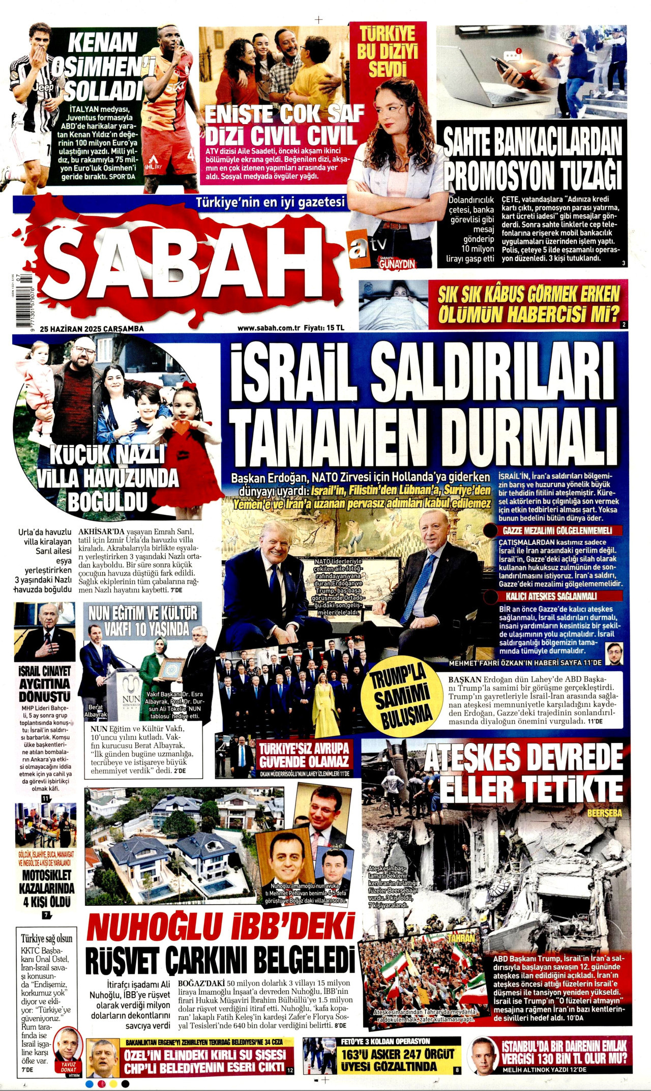 SABAH gazetesinin 25 Haziran 2025 tarihli birinci sayfası