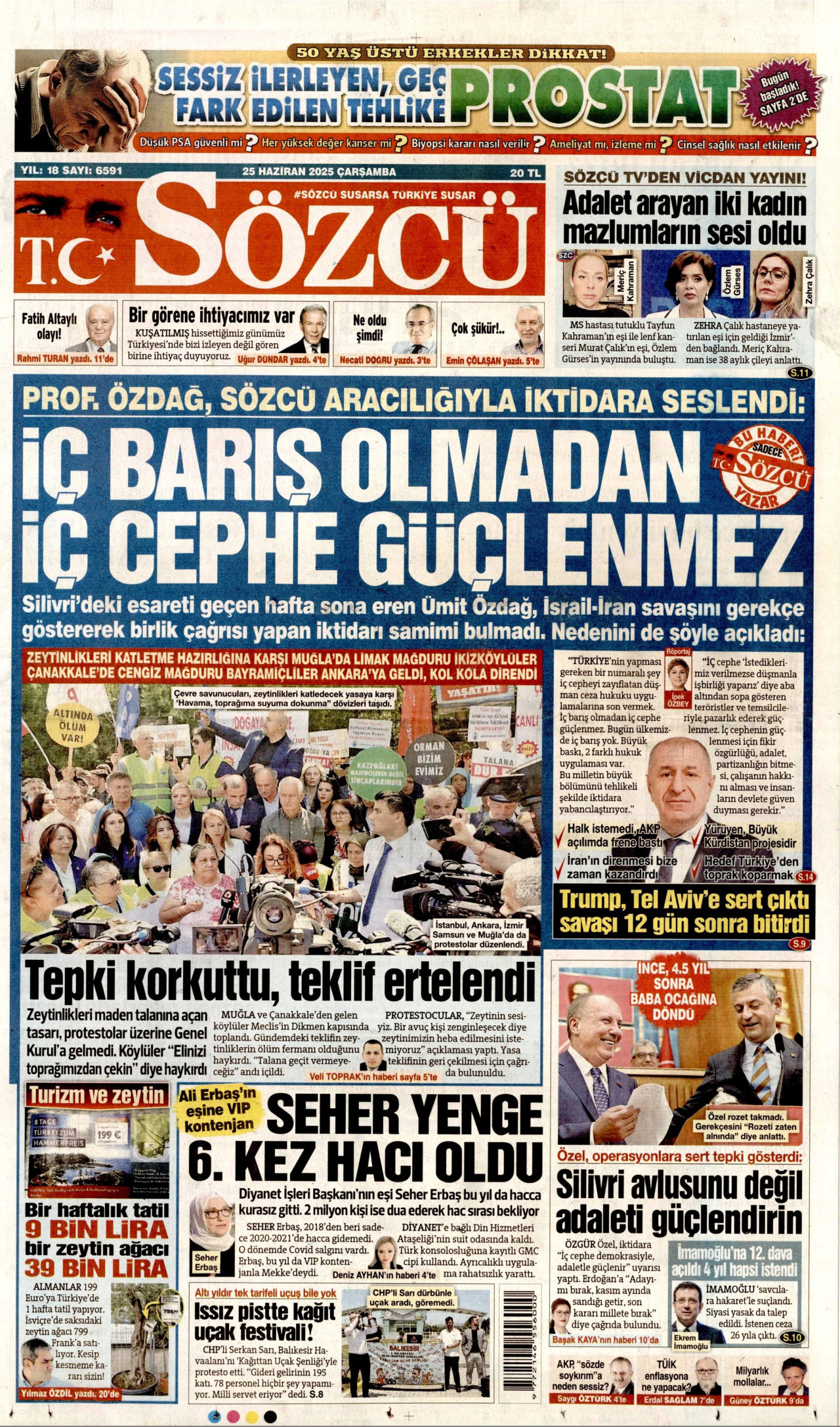 SÖZCÜ gazetesinin 25 Haziran 2025 tarihli birinci sayfası