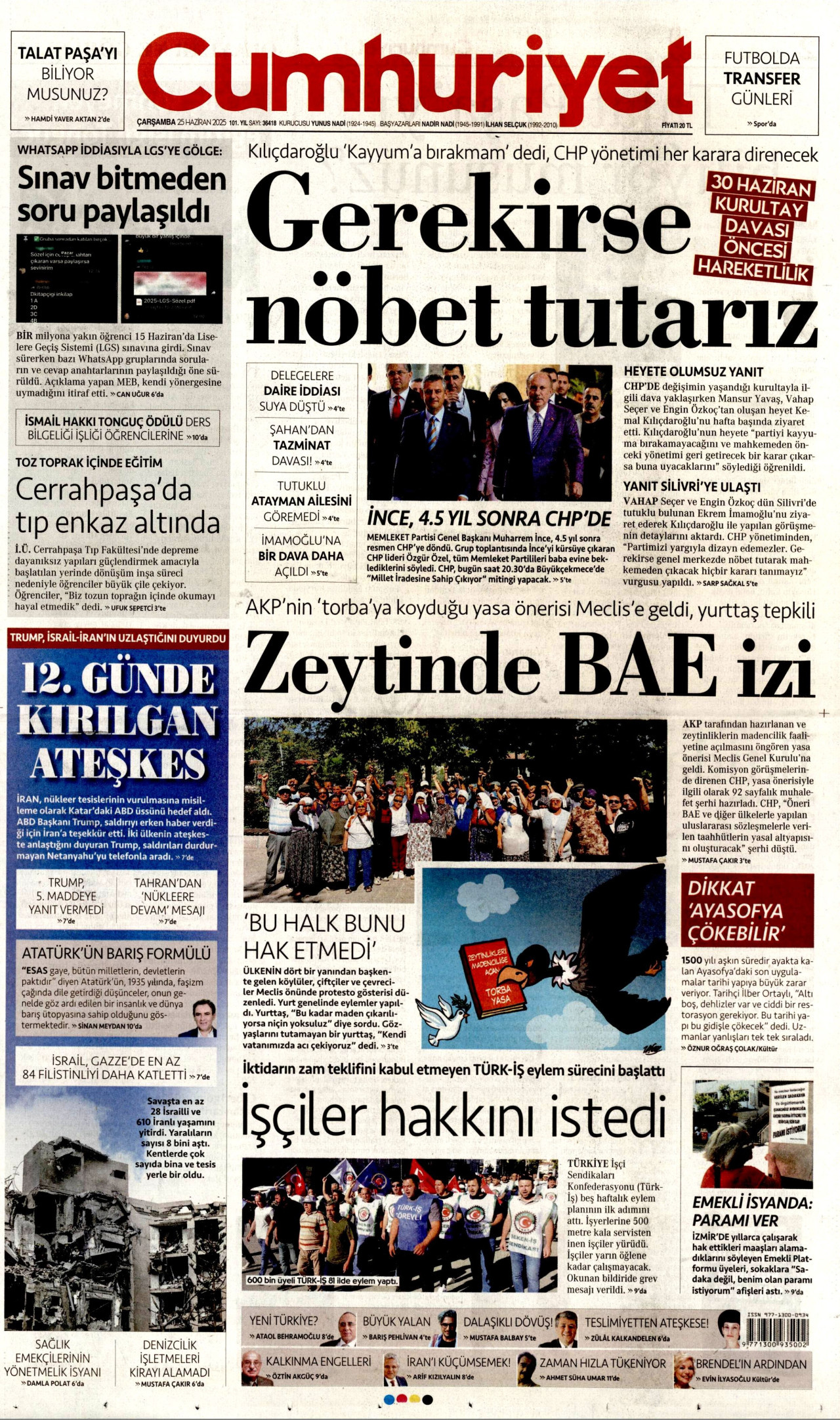 CUMHURİYET gazetesinin 25 Haziran 2025 tarihli birinci sayfası