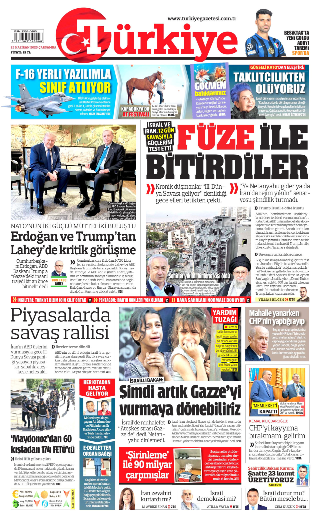 TÜRKİYE GAZETESİ gazetesinin 25 Haziran 2025 tarihli birinci sayfası
