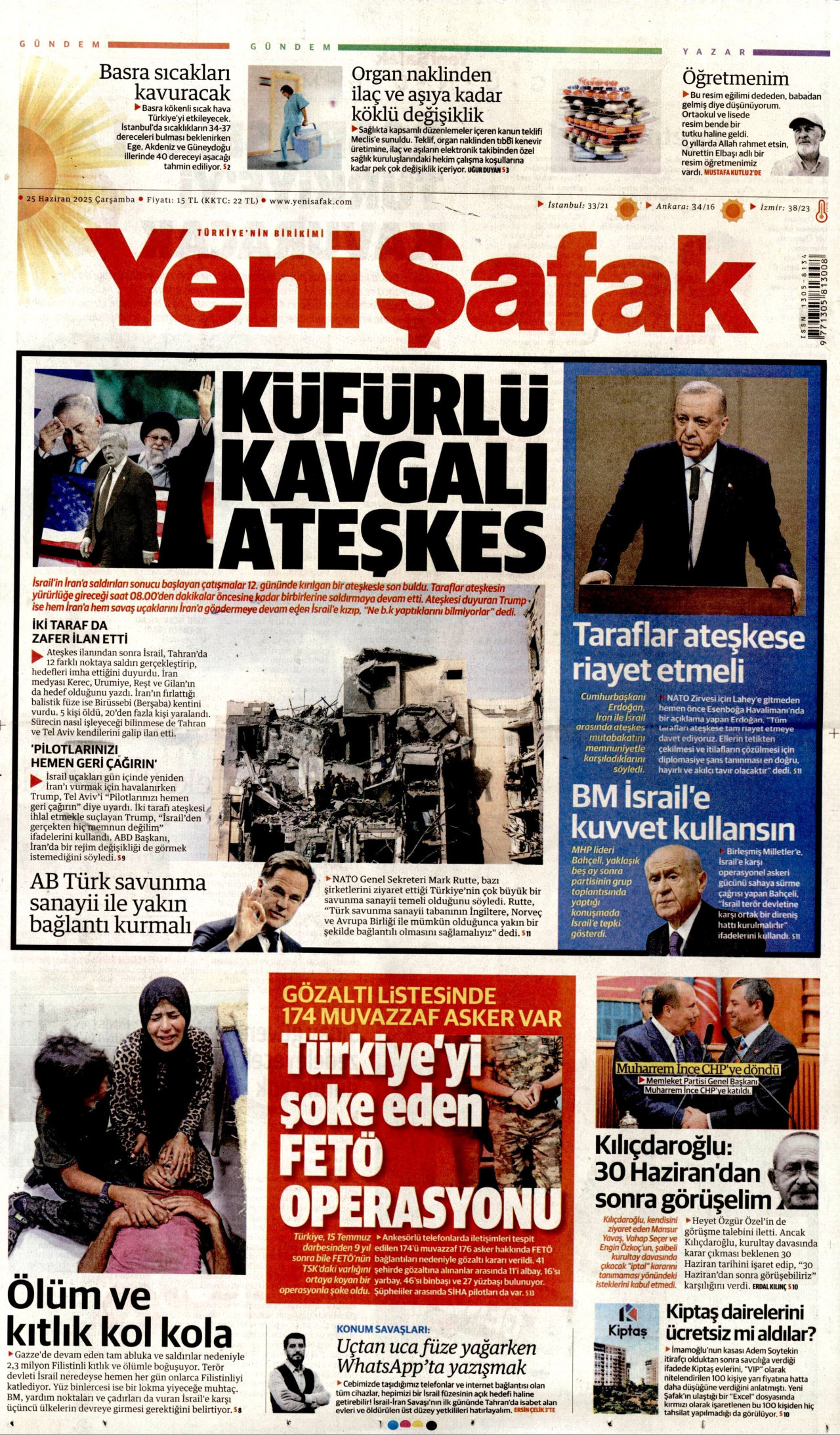 YENİ ŞAFAK gazetesinin 25 Haziran 2025 tarihli birinci sayfası