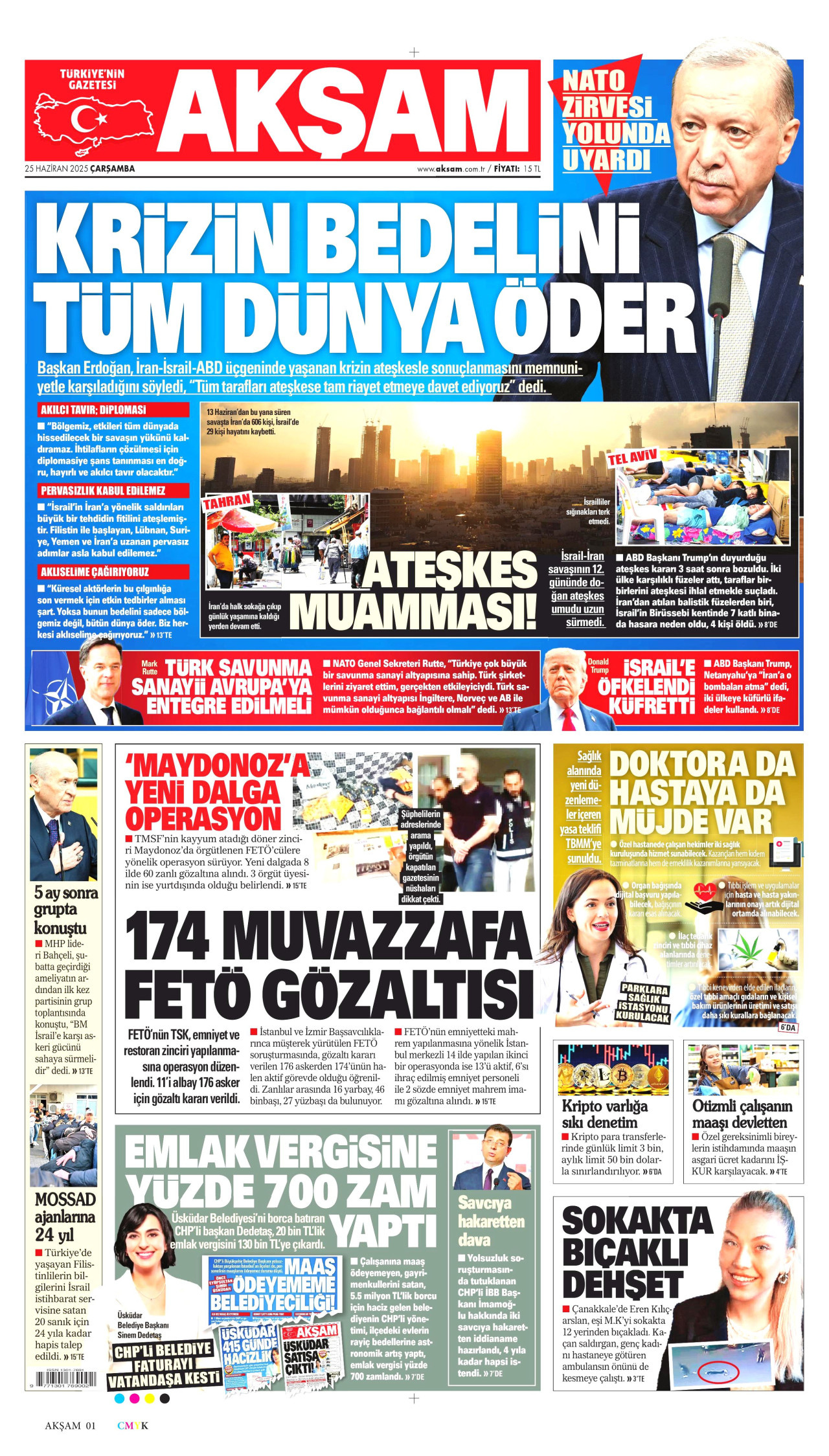 AKŞAM gazetesinin 25 Haziran 2025 tarihli birinci sayfası