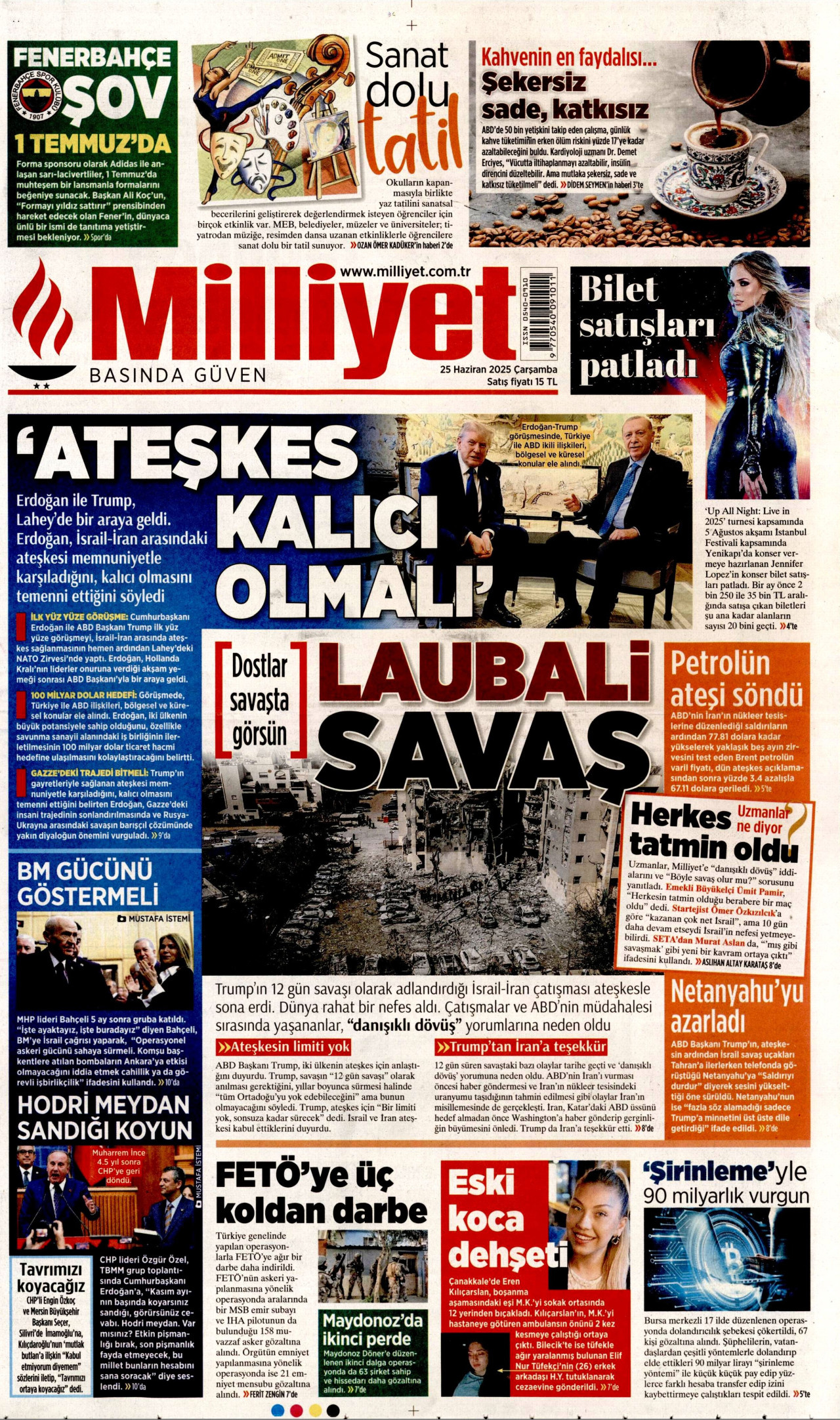 MİLLİYET gazetesinin 25 Haziran 2025 tarihli birinci sayfası