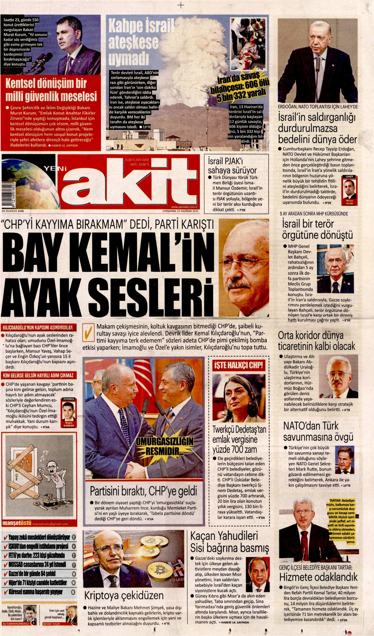 YENİ AKİT gazetesinin 25 Haziran 2025 tarihli birinci sayfası