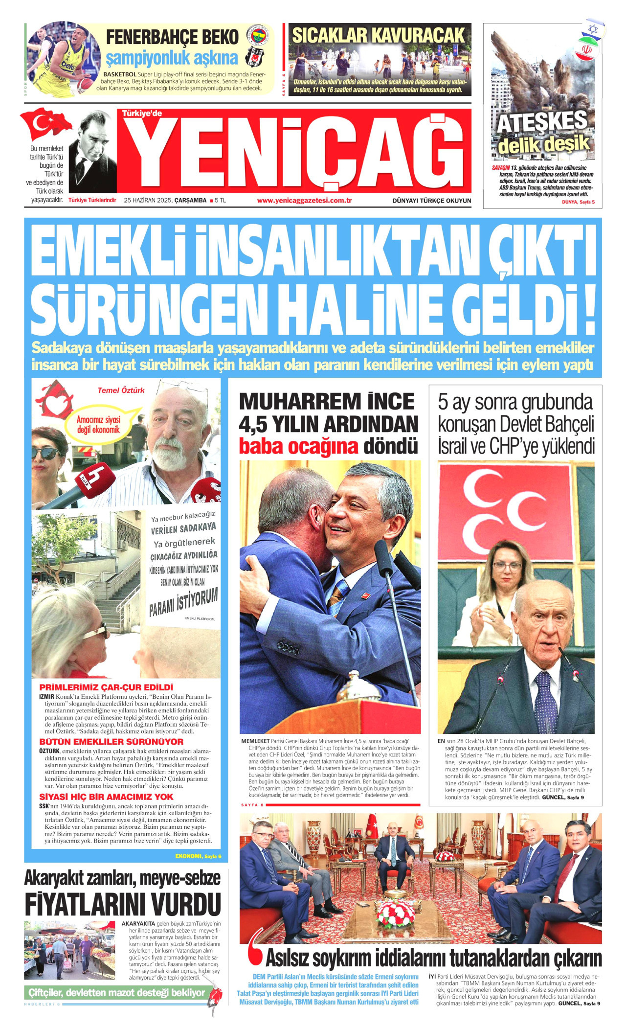 YENİÇAĞ gazetesinin 25 Haziran 2025 tarihli birinci sayfası