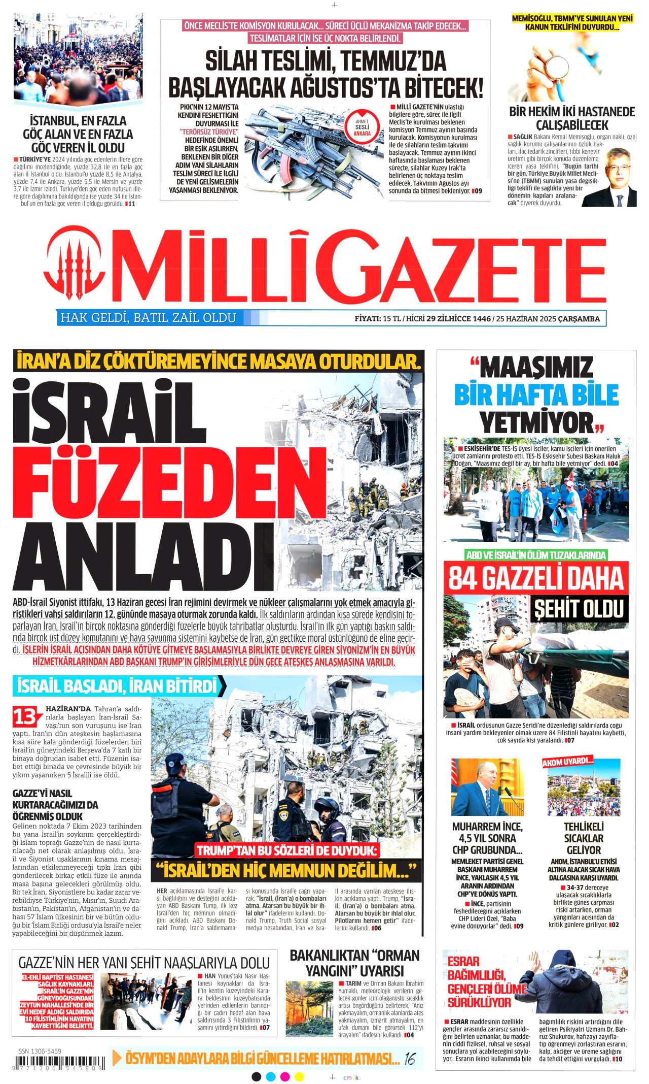 MİLLİ GAZETE gazetesinin 25 Haziran 2025 tarihli birinci sayfası