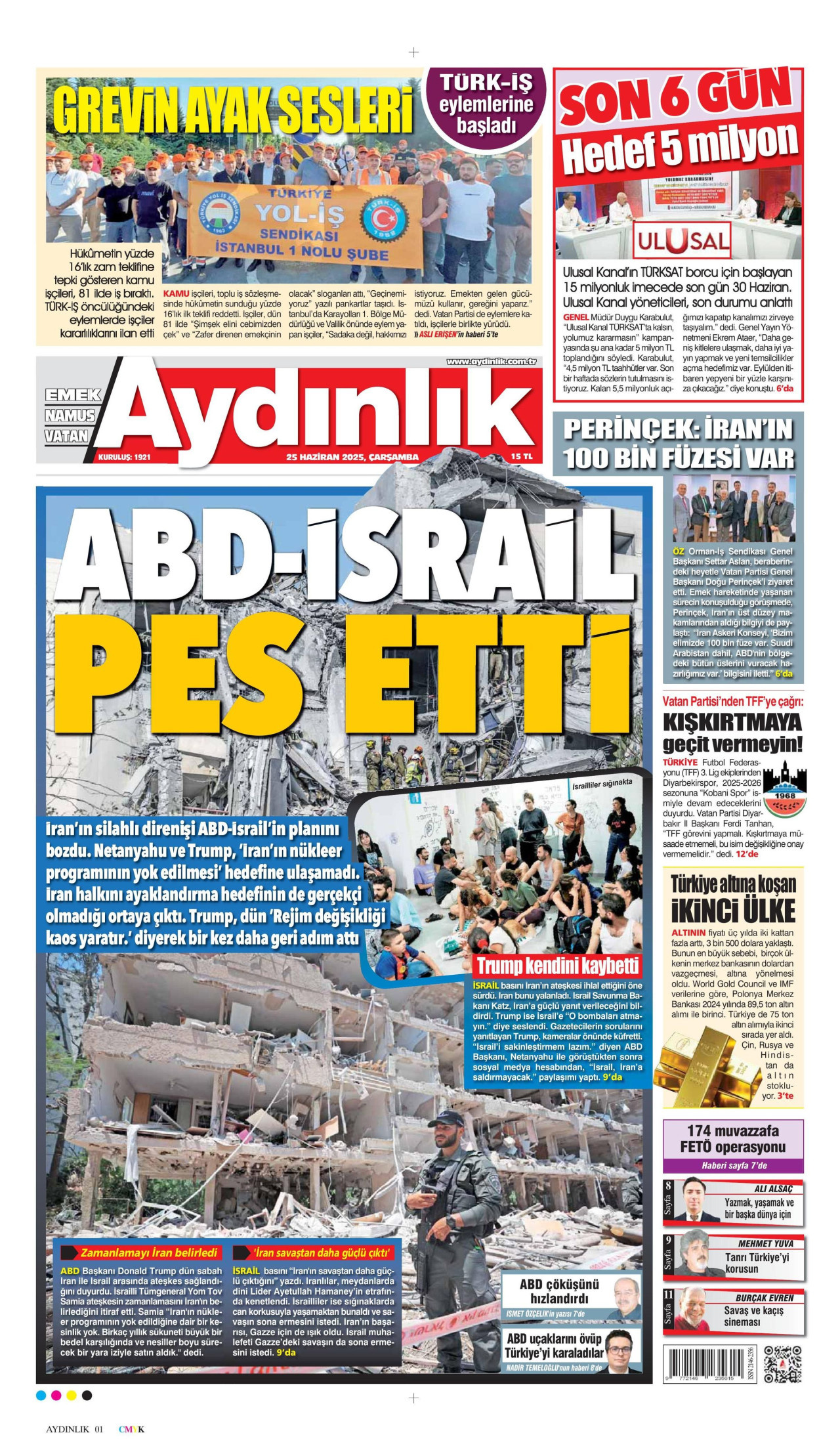 AYDINLIK GAZETESİ gazetesinin 25 Haziran 2025 tarihli birinci sayfası