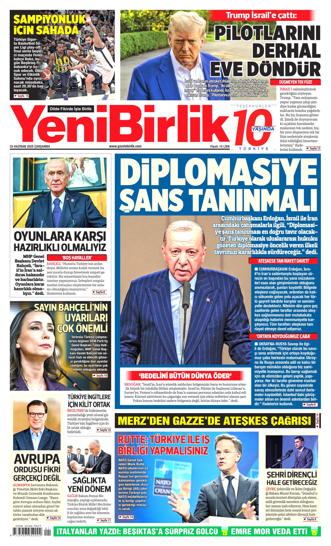 YENİBİRLİK gazetesinin 25 Haziran 2025 tarihli birinci sayfası