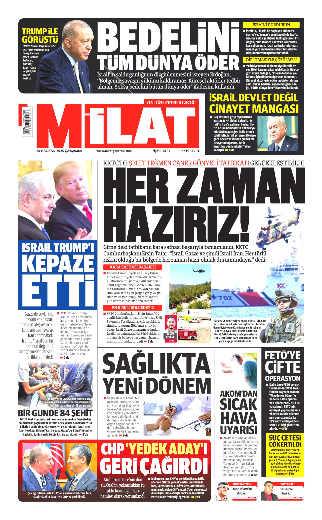 MİLAT gazetesinin 25 Haziran 2025 tarihli birinci sayfası