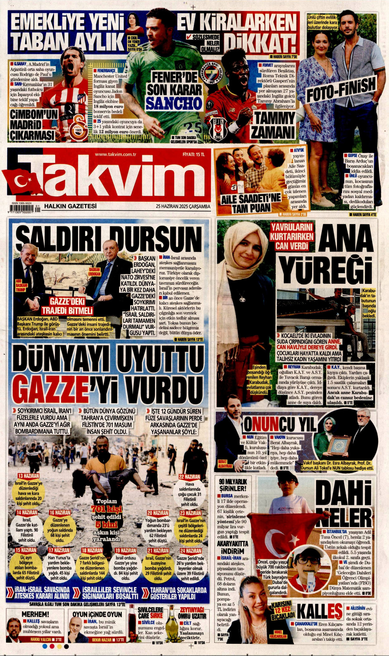 TAKVİM gazetesinin 25 Haziran 2025 tarihli birinci sayfası