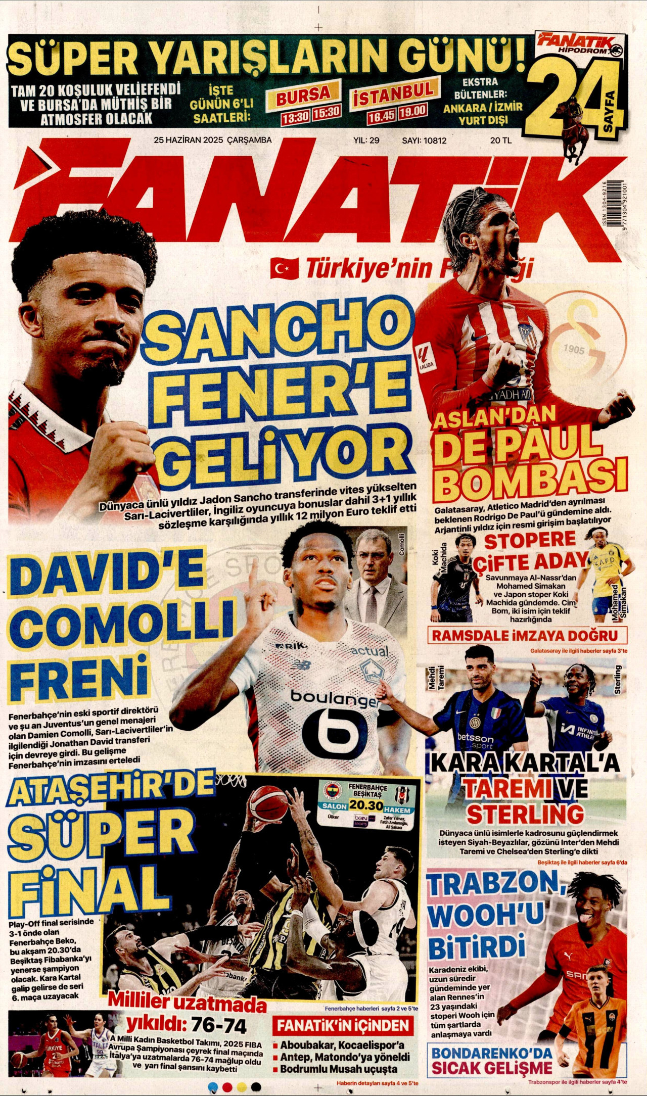 FANATİK gazetesinin 25 Haziran 2025 tarihli birinci sayfası