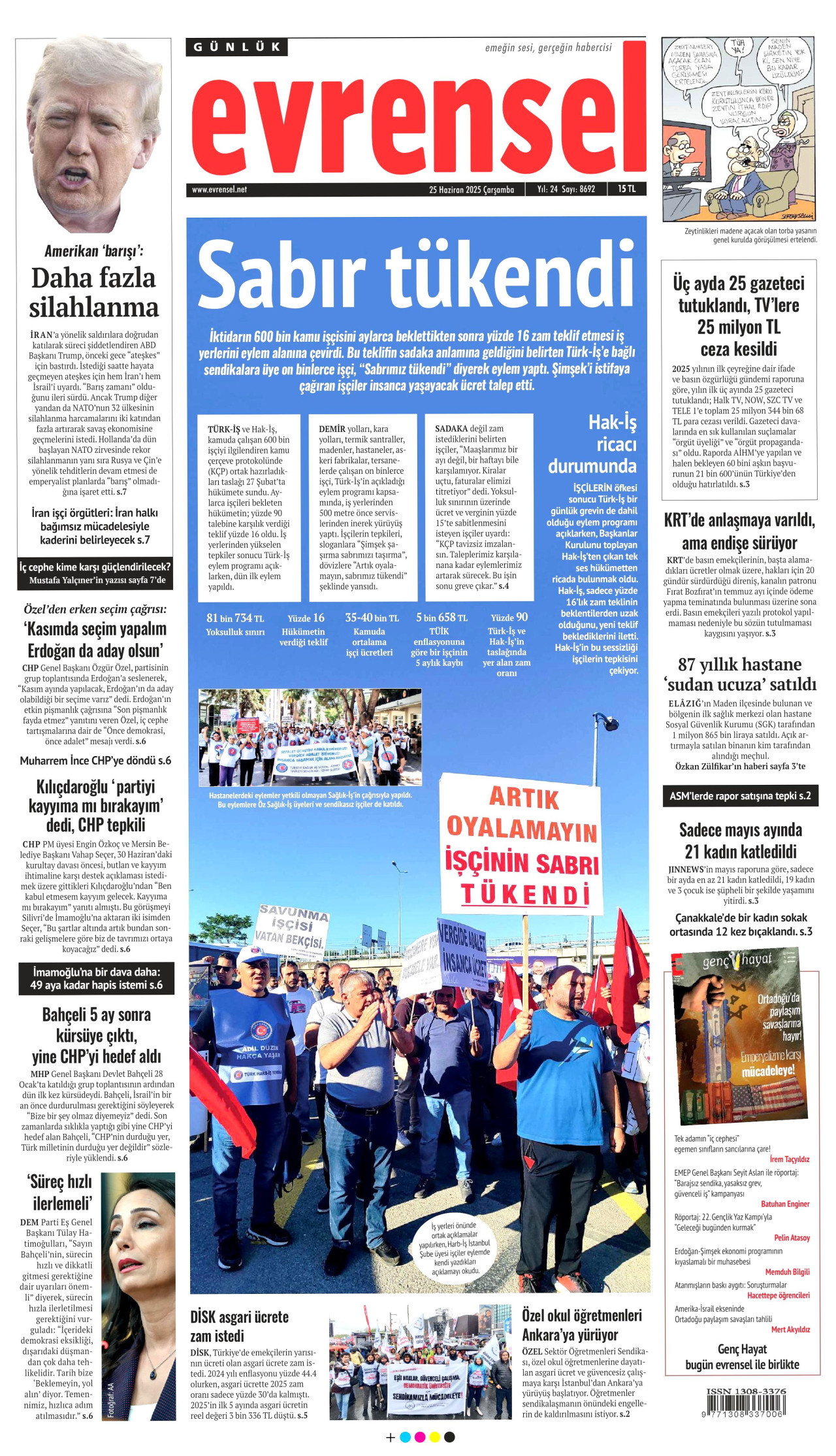 EVRENSEL gazetesinin 25 Haziran 2025 tarihli birinci sayfası