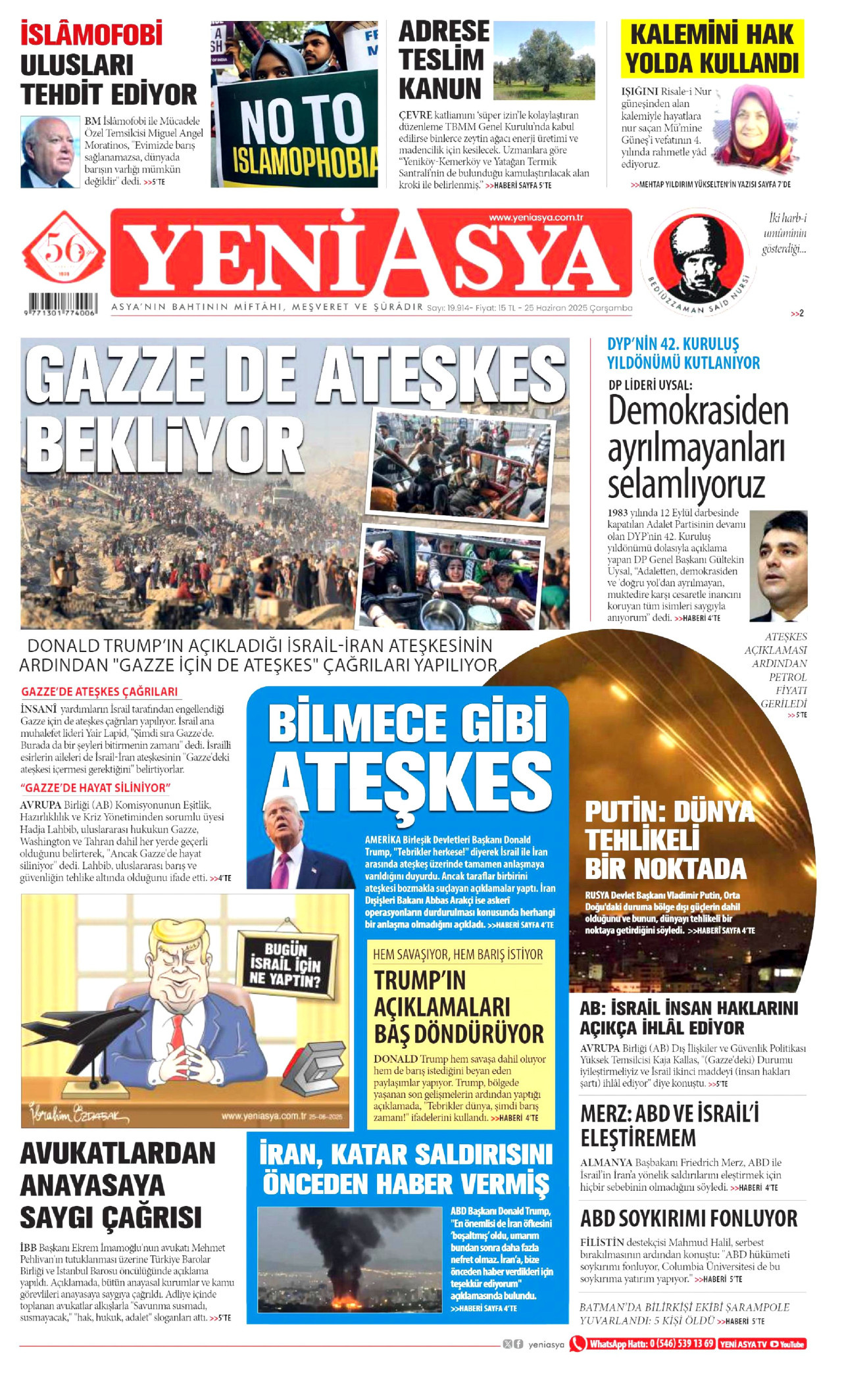 YENİ ASYA gazetesinin 25 Haziran 2025 tarihli birinci sayfası