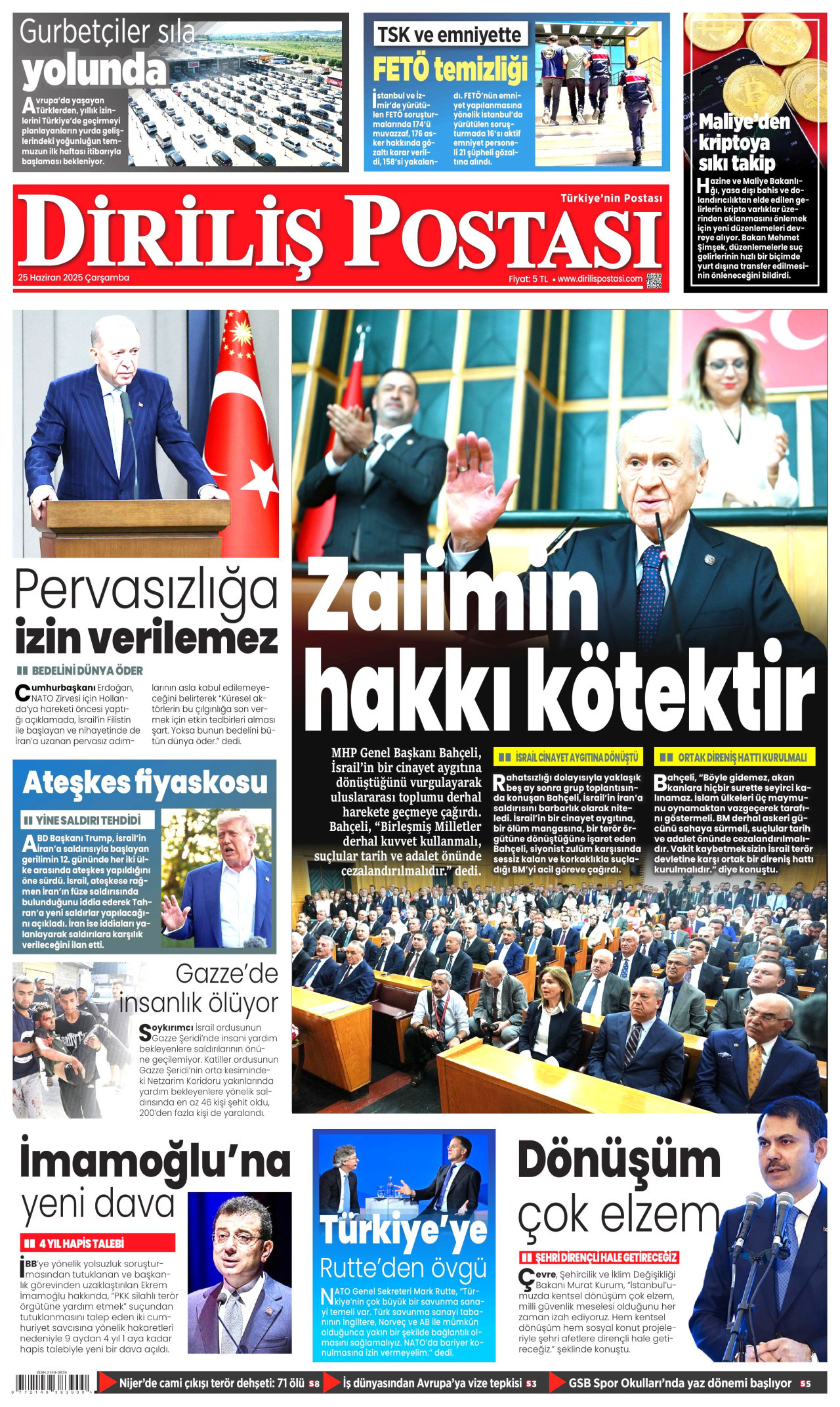 DİRİLİŞ POSTASI gazetesinin 25 Haziran 2025 tarihli birinci sayfası