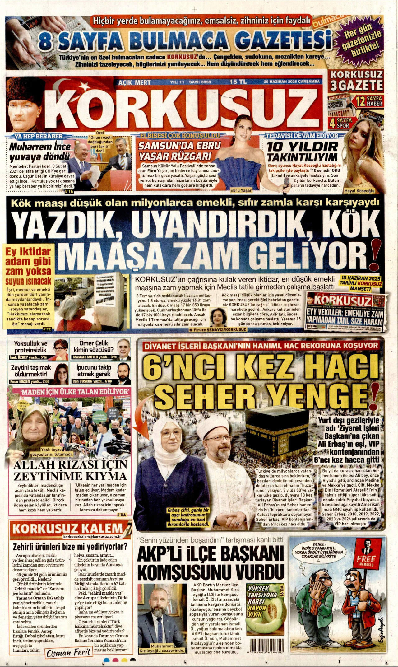 KORKUSUZ gazetesinin 25 Haziran 2025 tarihli birinci sayfası