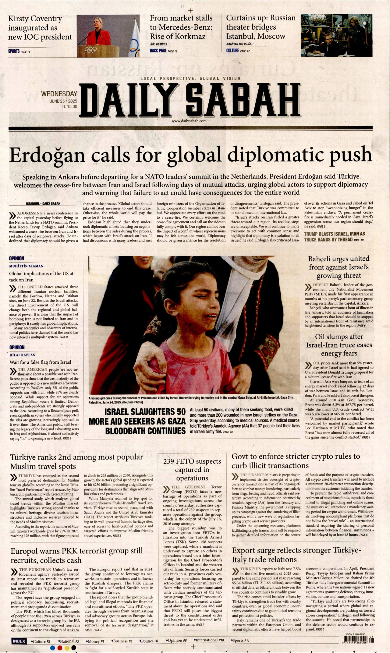 DAİLY SABAH gazetesinin 25 Haziran 2025 tarihli birinci sayfası