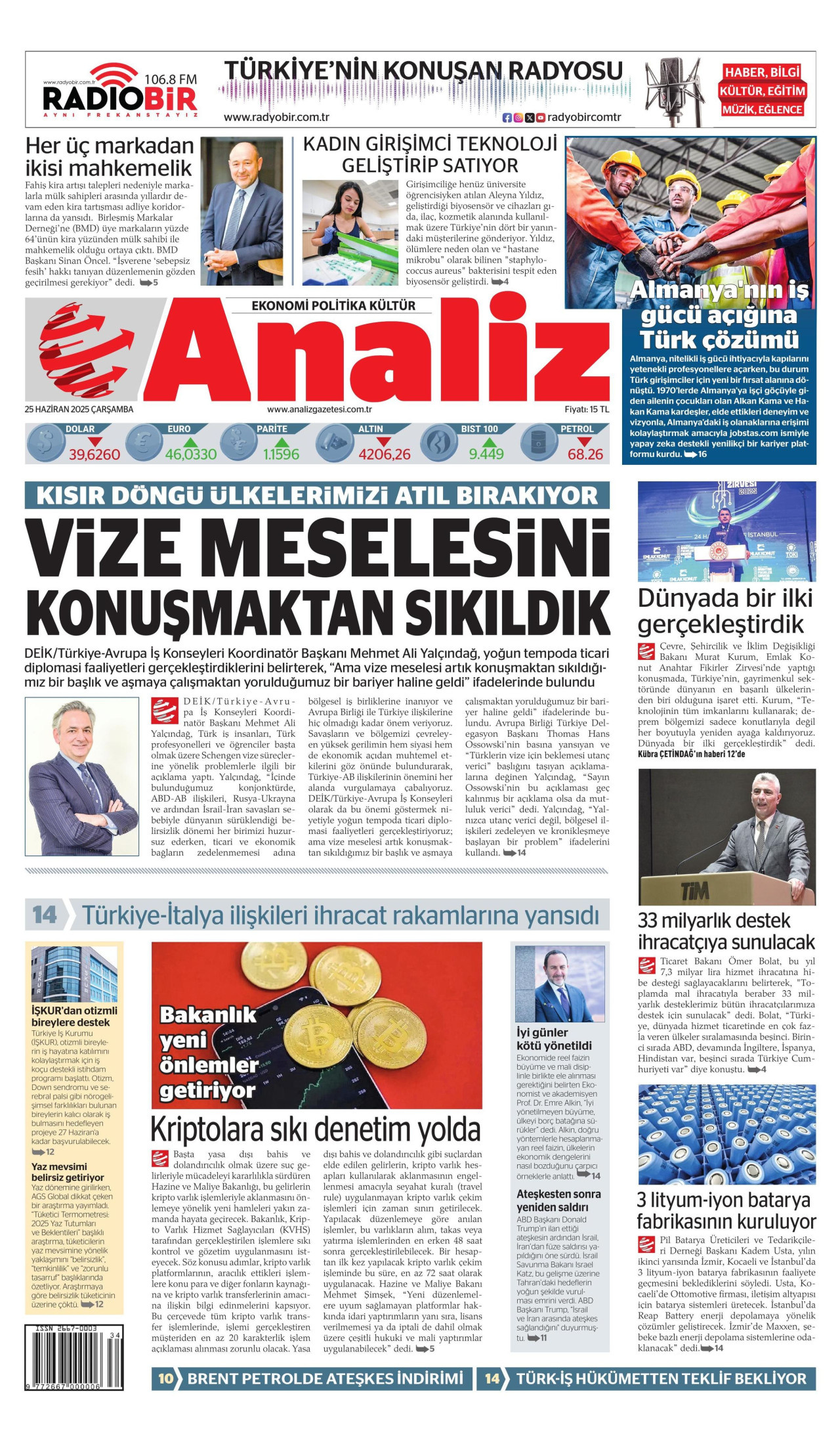ANALİZ gazetesinin 25 Haziran 2025 tarihli birinci sayfası