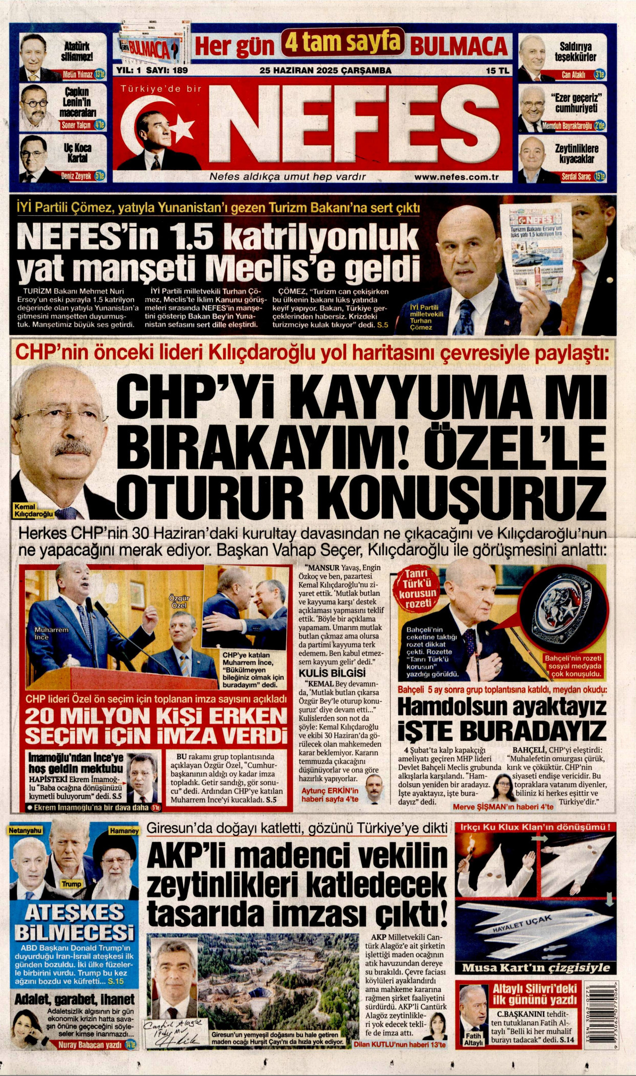 NEFES gazetesinin 25 Haziran 2025 tarihli birinci sayfası