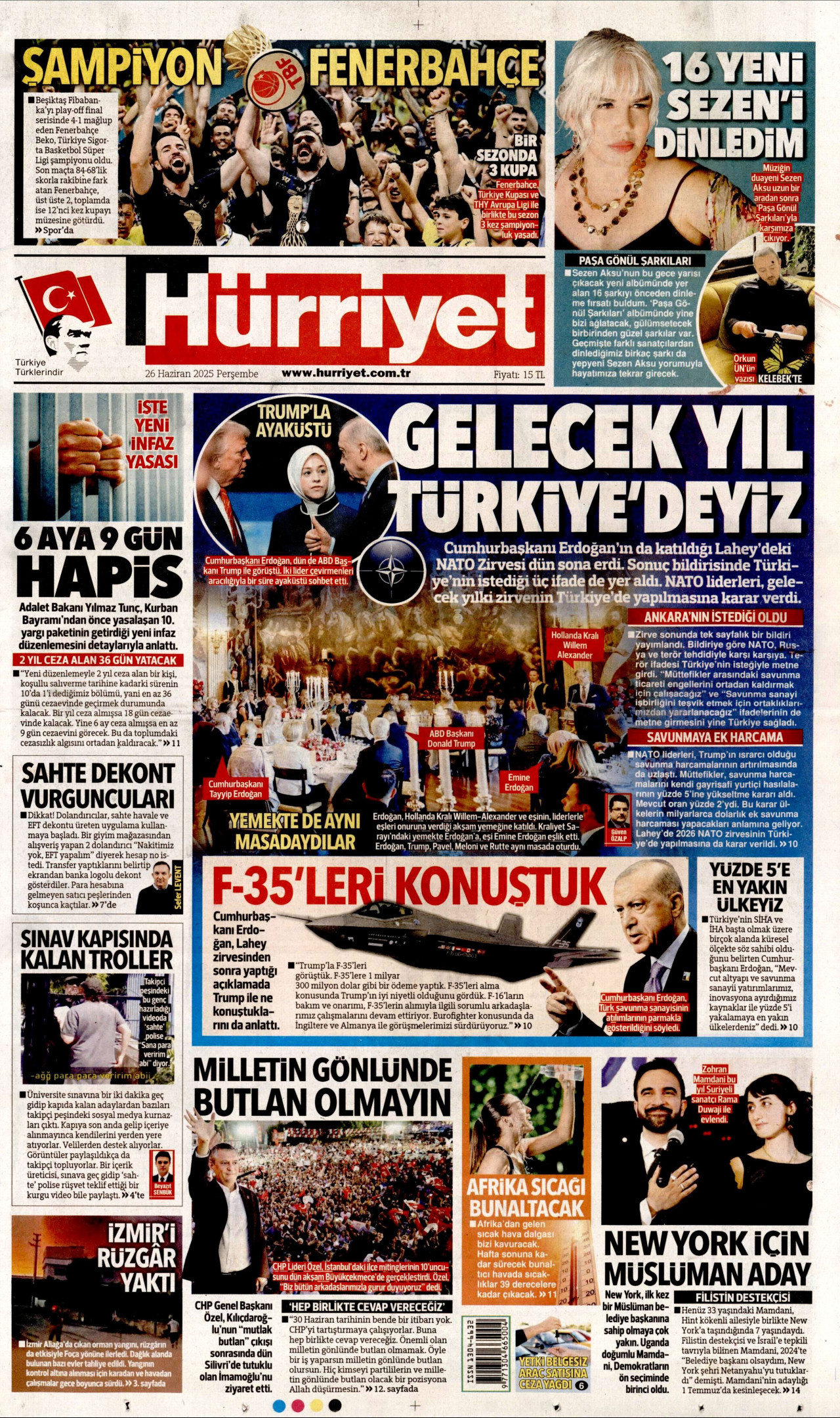 HÜRRİYET gazetesinin 26 Haziran 2025 tarihli birinci sayfası
