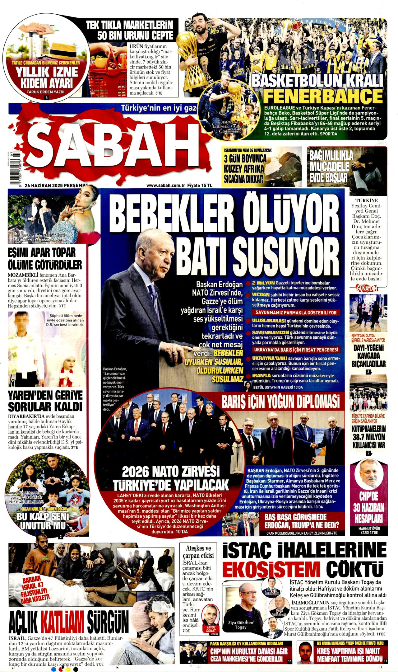 SABAH gazetesinin 26 Haziran 2025 tarihli birinci sayfası