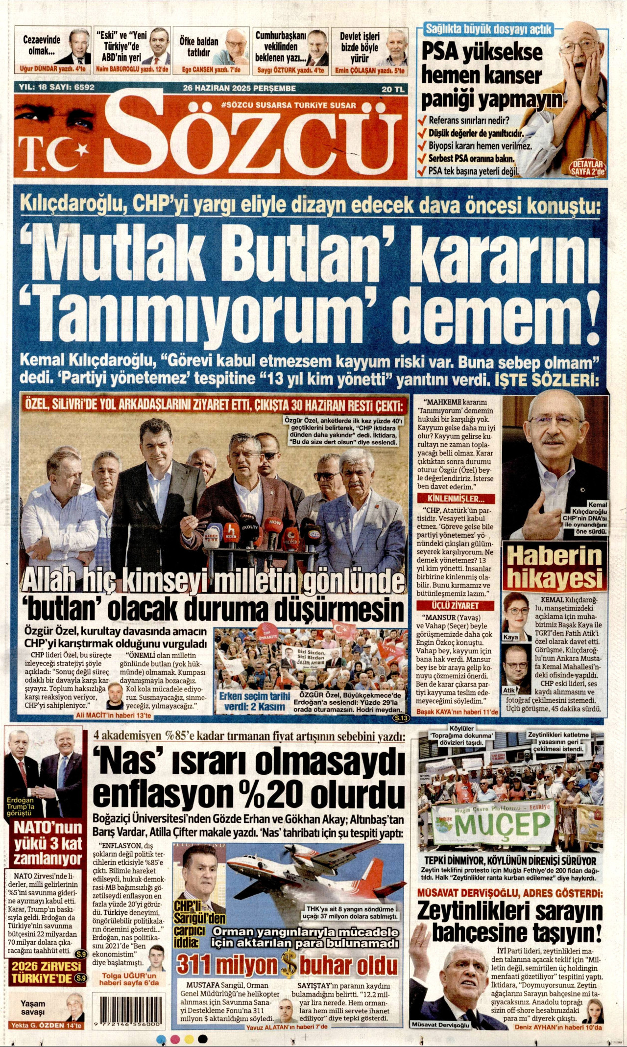 SÖZCÜ gazetesinin 26 Haziran 2025 tarihli birinci sayfası