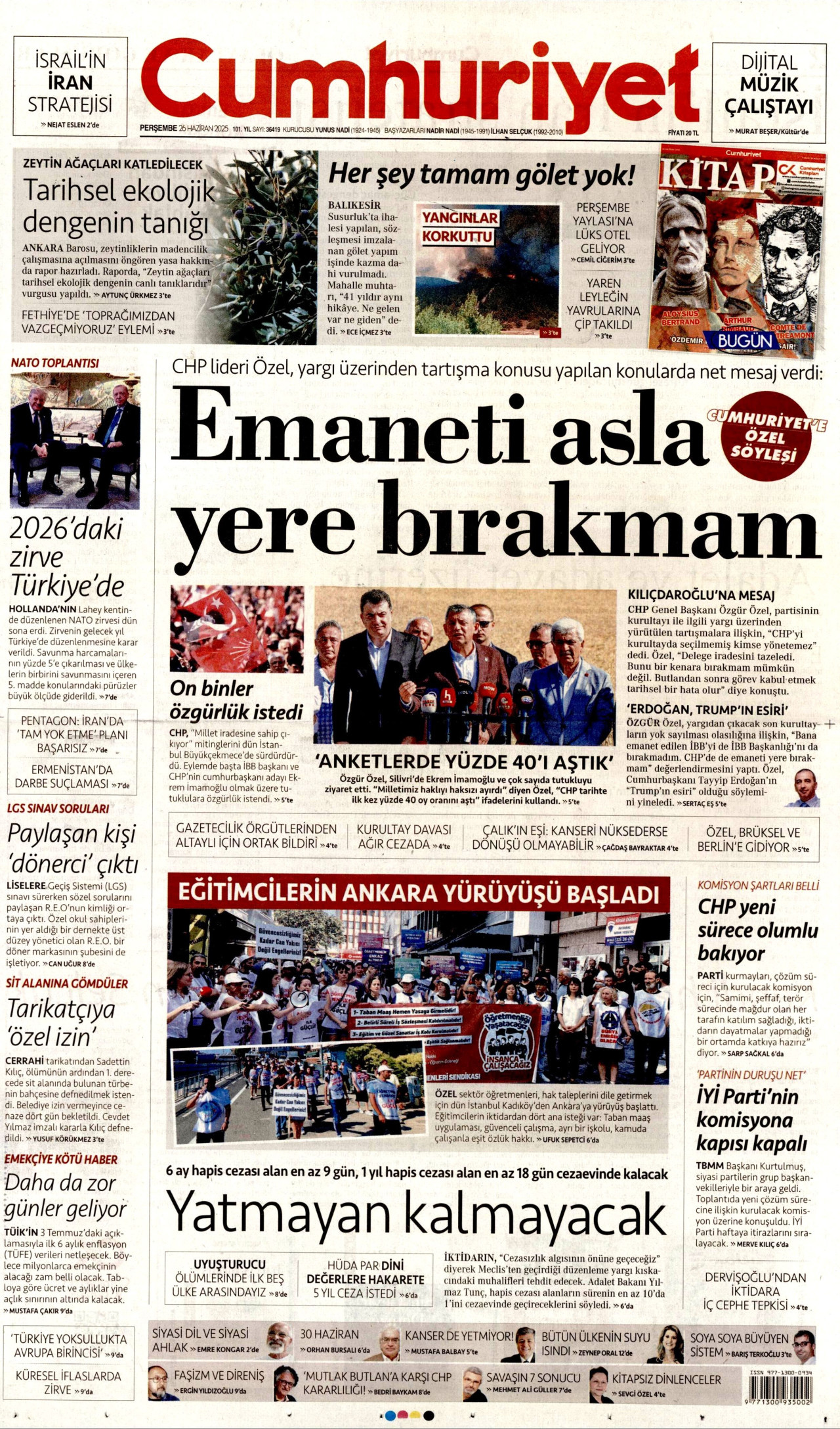 CUMHURİYET gazetesinin 26 Haziran 2025 tarihli birinci sayfası