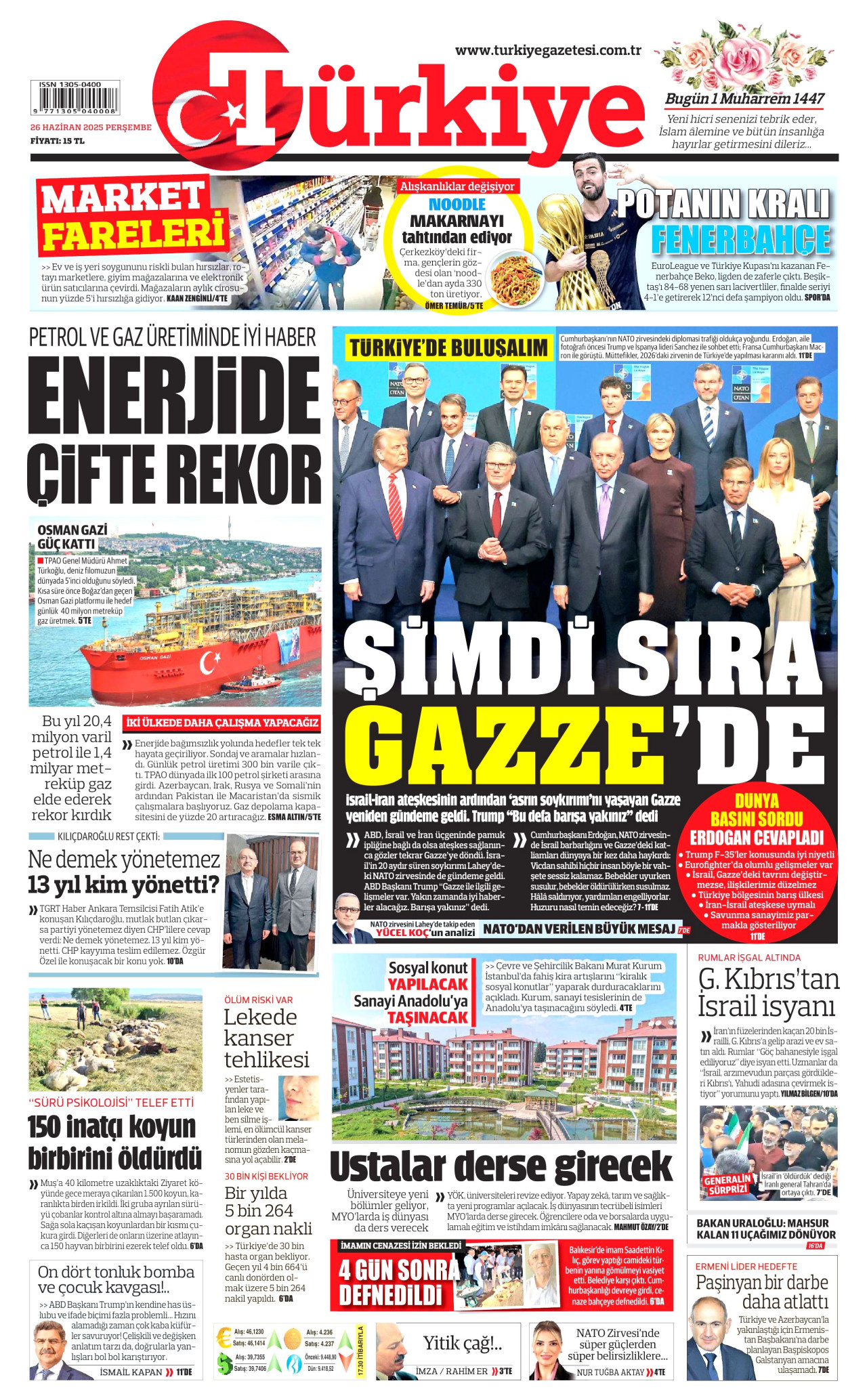 TÜRKİYE GAZETESİ gazetesinin 26 Haziran 2025 tarihli birinci sayfası