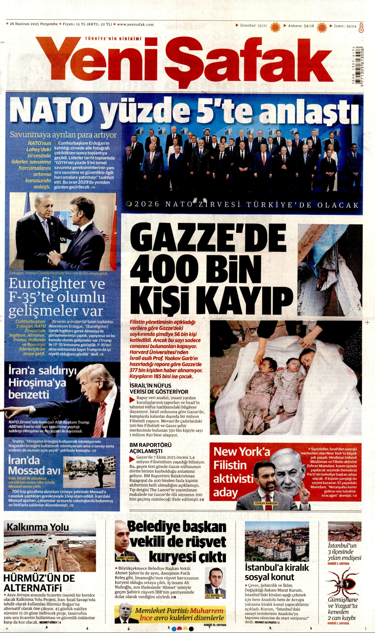 YENİ ŞAFAK gazetesinin 26 Haziran 2025 tarihli birinci sayfası