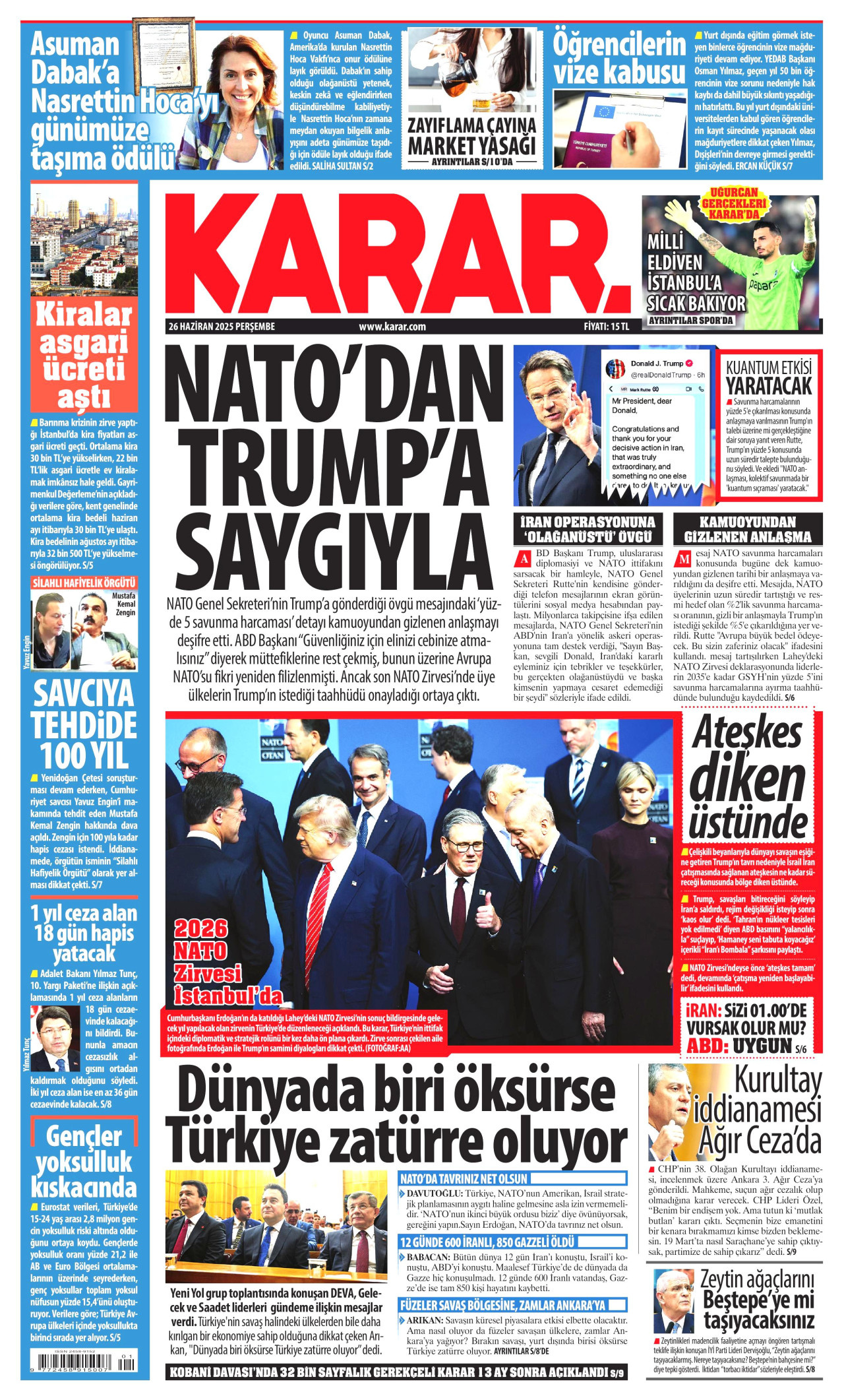KARAR gazetesinin 26 Haziran 2025 tarihli birinci sayfası
