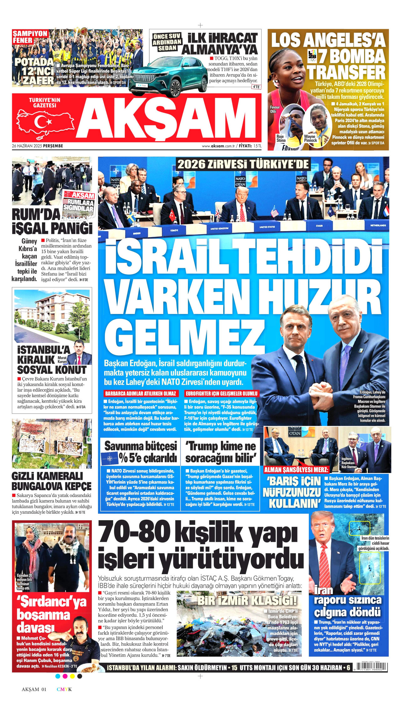 AKŞAM gazetesinin 26 Haziran 2025 tarihli birinci sayfası