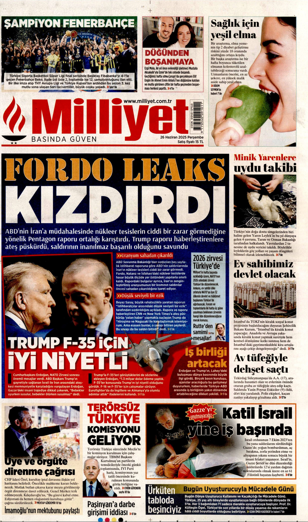 MİLLİYET gazetesinin 26 Haziran 2025 tarihli birinci sayfası