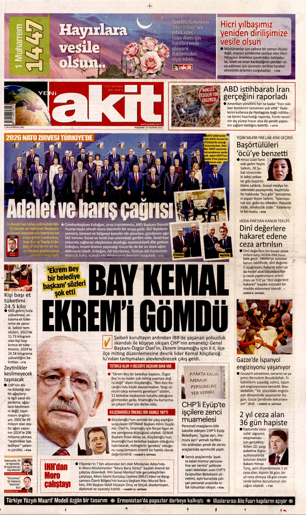 YENİ AKİT gazetesinin 26 Haziran 2025 tarihli birinci sayfası