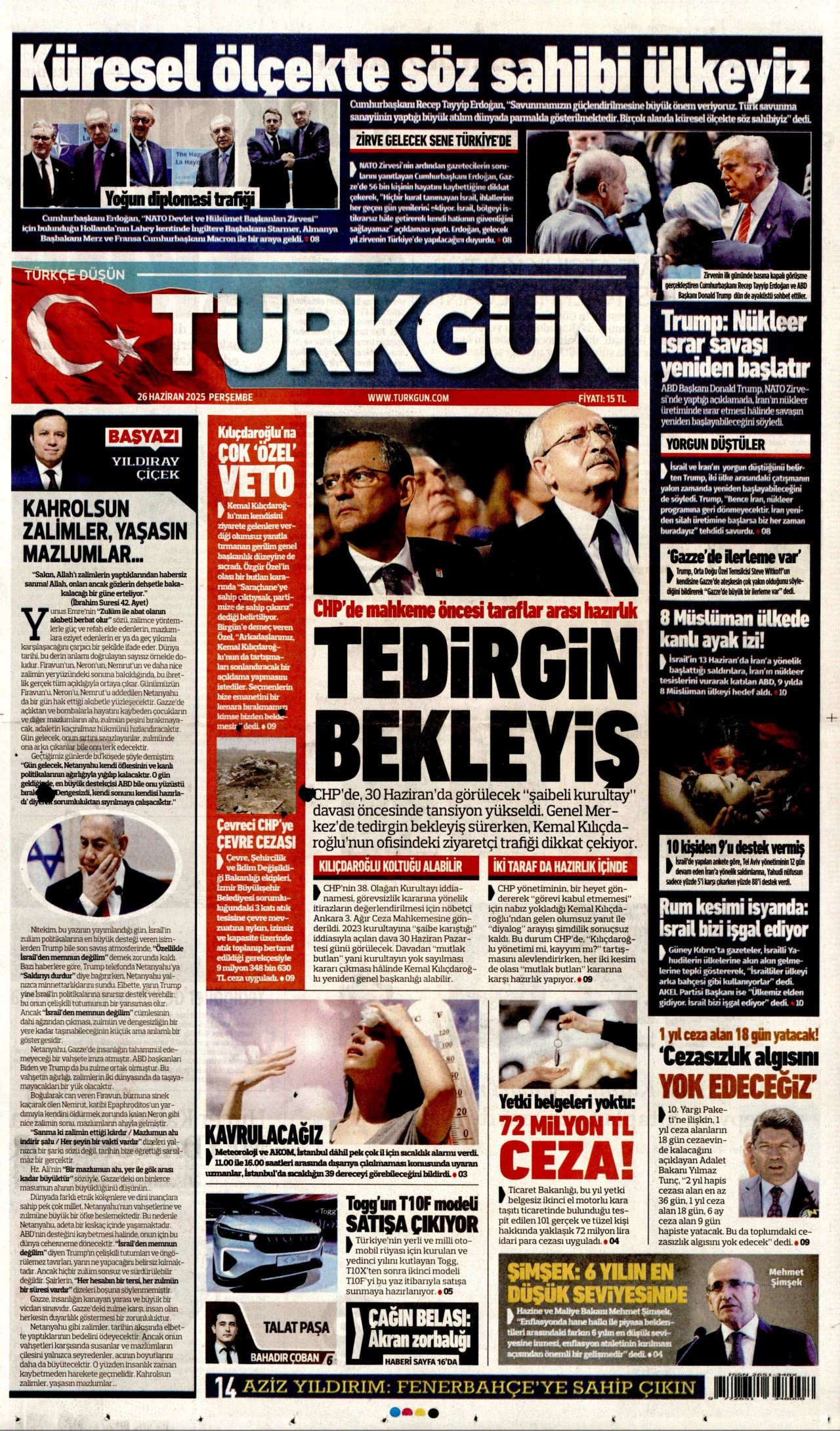 TÜRKGÜN gazetesinin 26 Haziran 2025 tarihli birinci sayfası