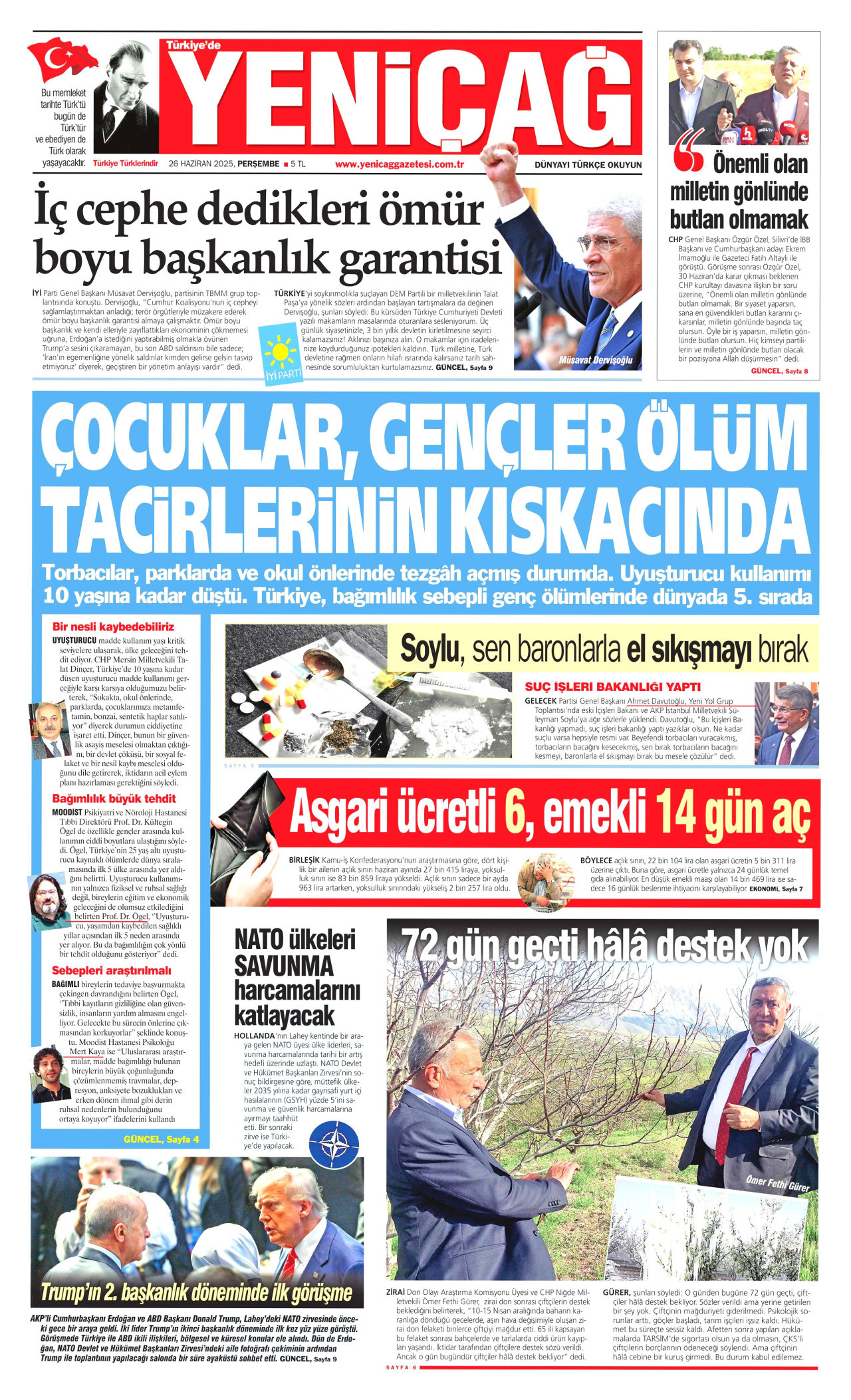 YENİÇAĞ gazetesinin 26 Haziran 2025 tarihli birinci sayfası