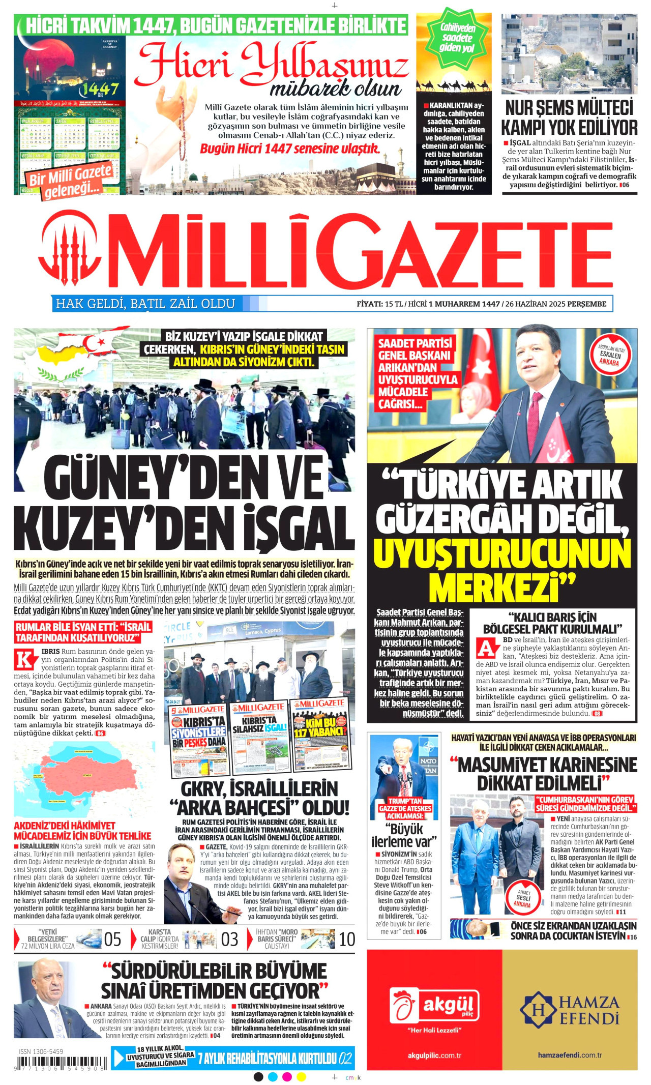 MİLLİ GAZETE gazetesinin 26 Haziran 2025 tarihli birinci sayfası