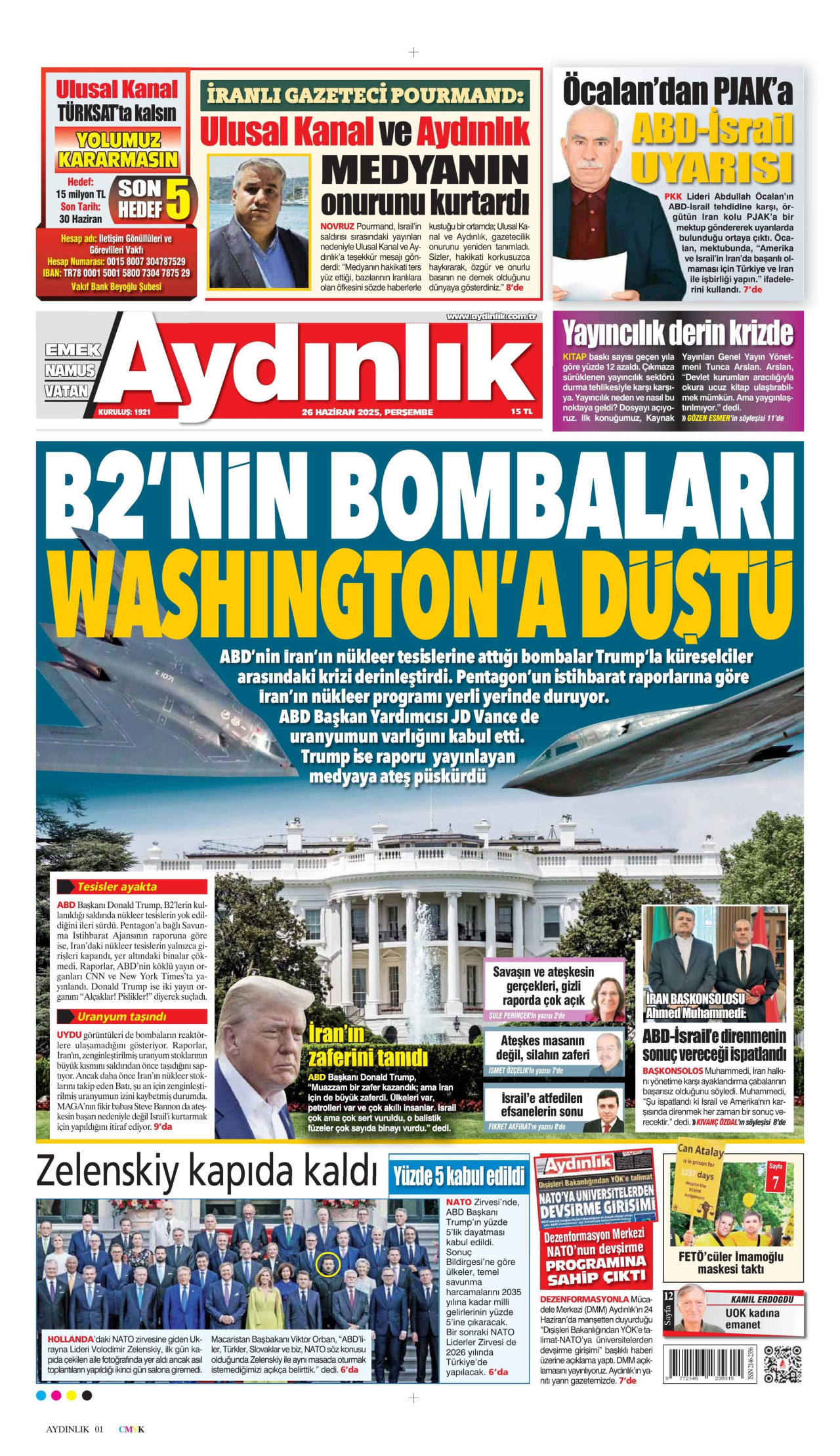 AYDINLIK GAZETESİ gazetesinin 26 Haziran 2025 tarihli birinci sayfası
