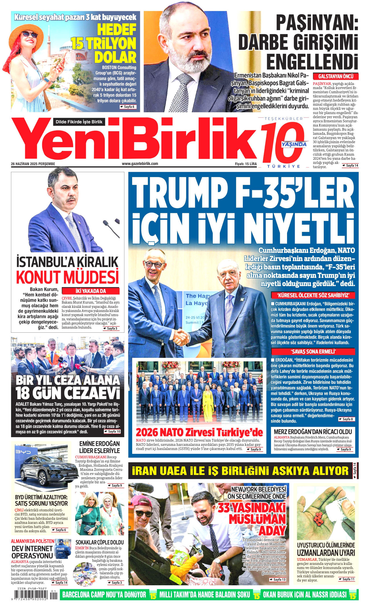 YENİBİRLİK gazetesinin 26 Haziran 2025 tarihli birinci sayfası