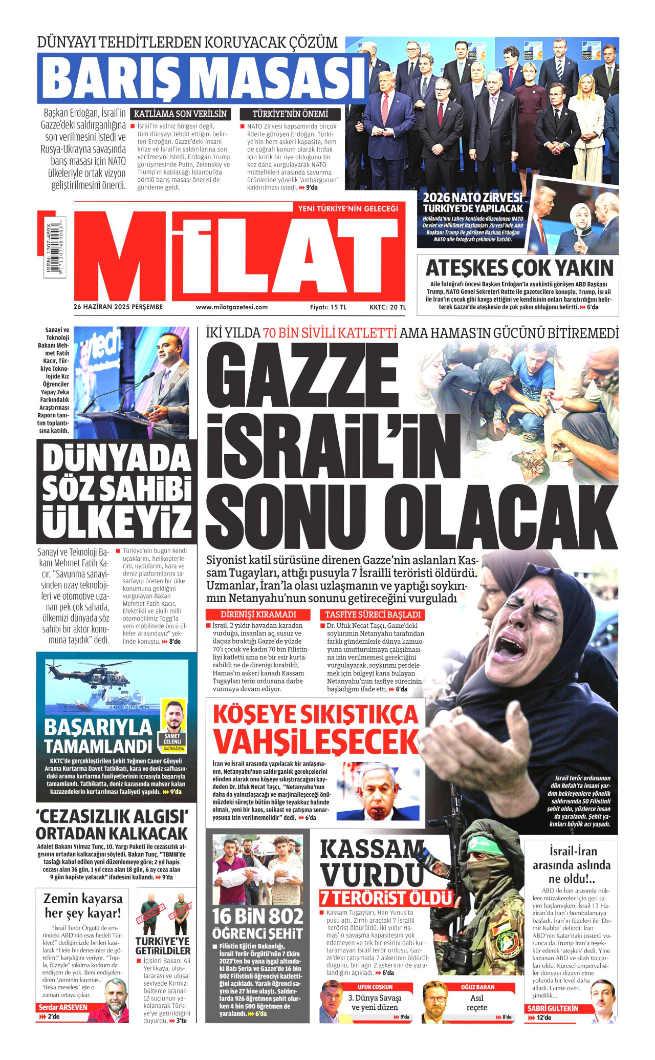 MİLAT gazetesinin 26 Haziran 2025 tarihli birinci sayfası