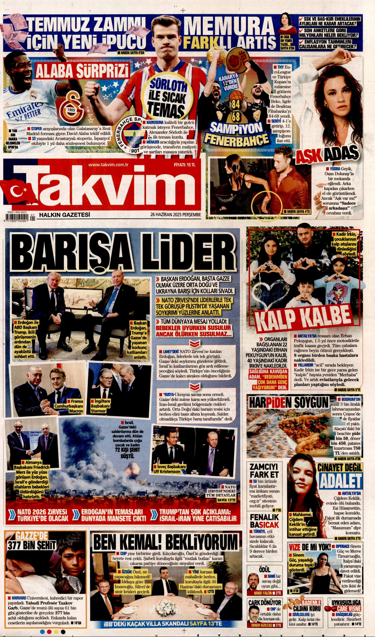 TAKVİM gazetesinin 26 Haziran 2025 tarihli birinci sayfası