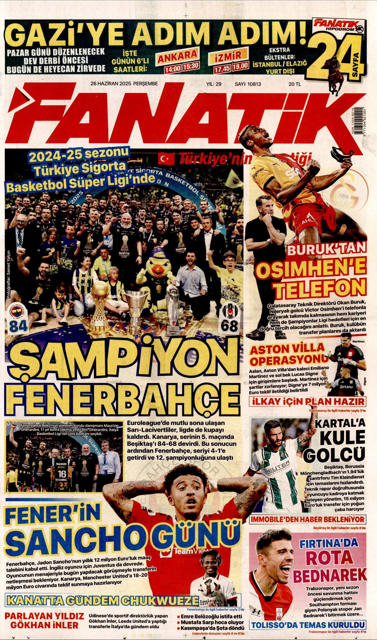 FANATİK gazetesinin 26 Haziran 2025 tarihli birinci sayfası