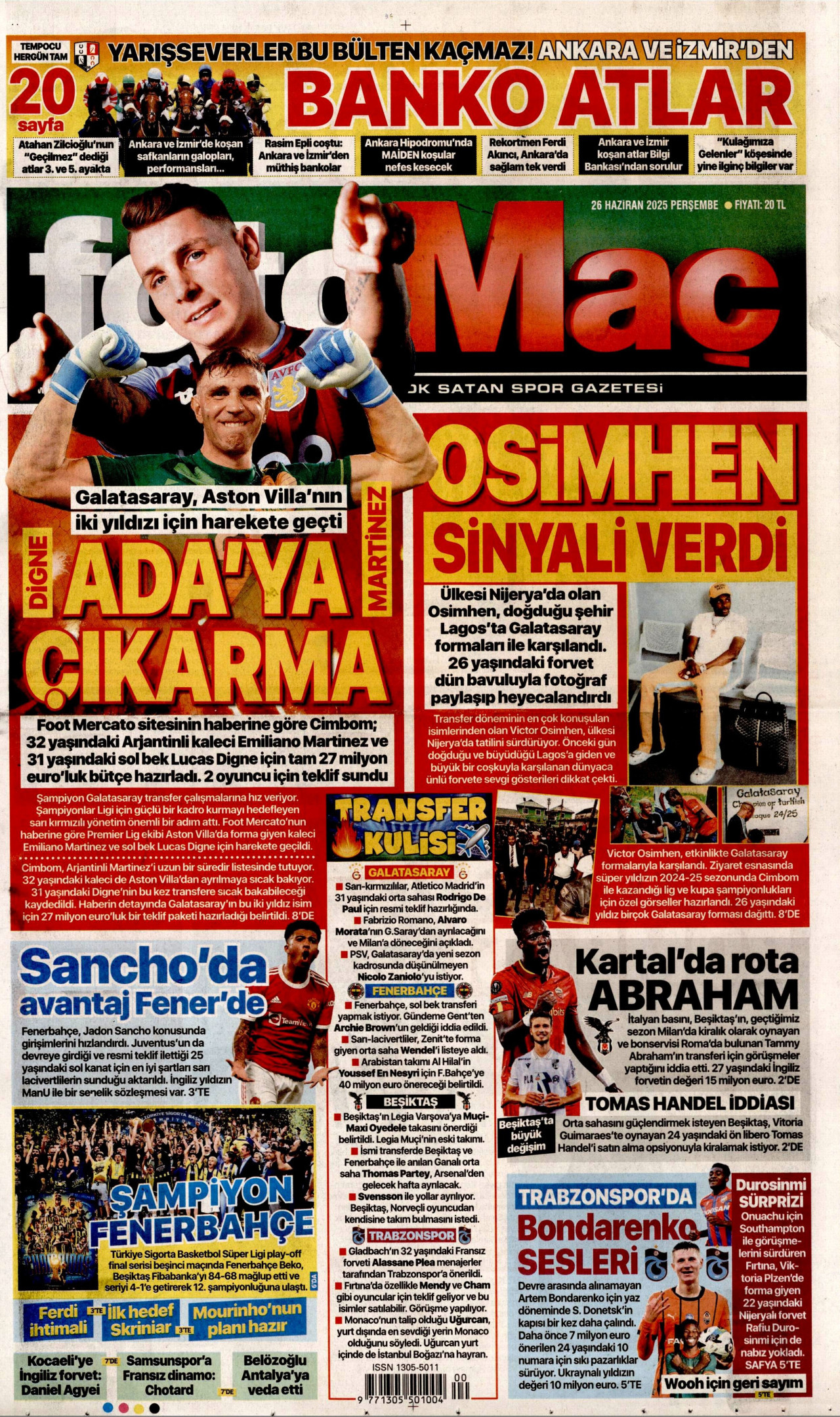 FOTOMAÇ gazetesinin 26 Haziran 2025 tarihli birinci sayfası